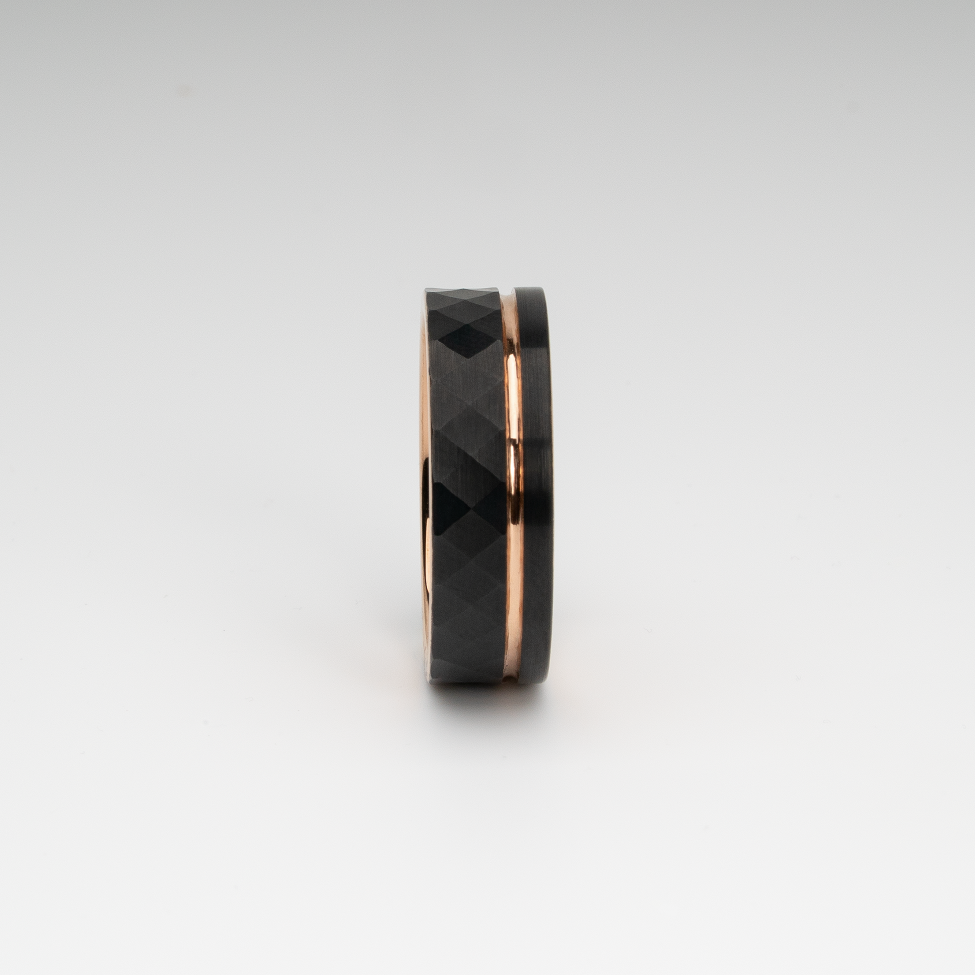 Rose Gold & Black Tungsten Carbide Ring - 8mm Brushed Finish, Faceted Design with Groove Center, Comfort Fit