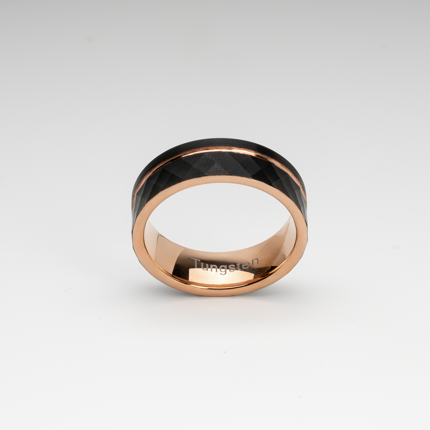 Rose Gold & Black Tungsten Carbide Ring - 8mm Brushed Finish, Faceted Design with Groove Center, Comfort Fit