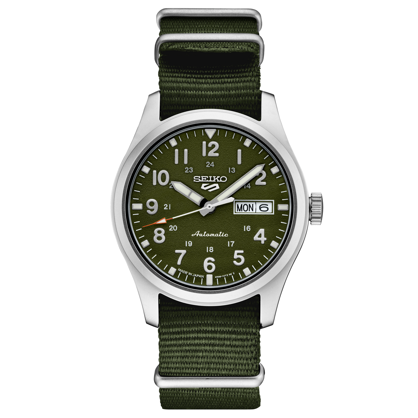 A SEIKO 5 SPORTS SRPG33 watch with a green dial, Arabic numerals, and a stainless steel case. It features a green nylon strap and a screwdown see-through caseback.