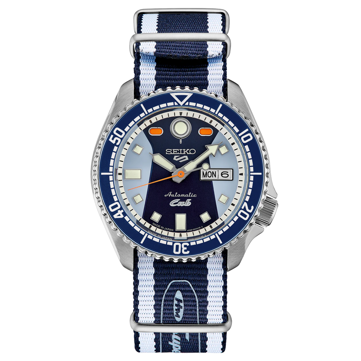 A SEIKO 5 SPORTS SRPK37 Honda Super Cub Limited Edition watch with a blue dial, orange accents, and a stainless steel case. Features a date display and a rotating bezel.