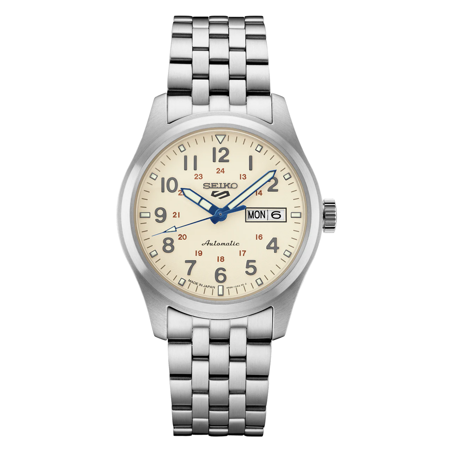 A silver SEIKO 5 Sports watch with a cream dial, blue and red accents, and luminous hands and markers. It includes a date display and a screwdown see-through caseback.