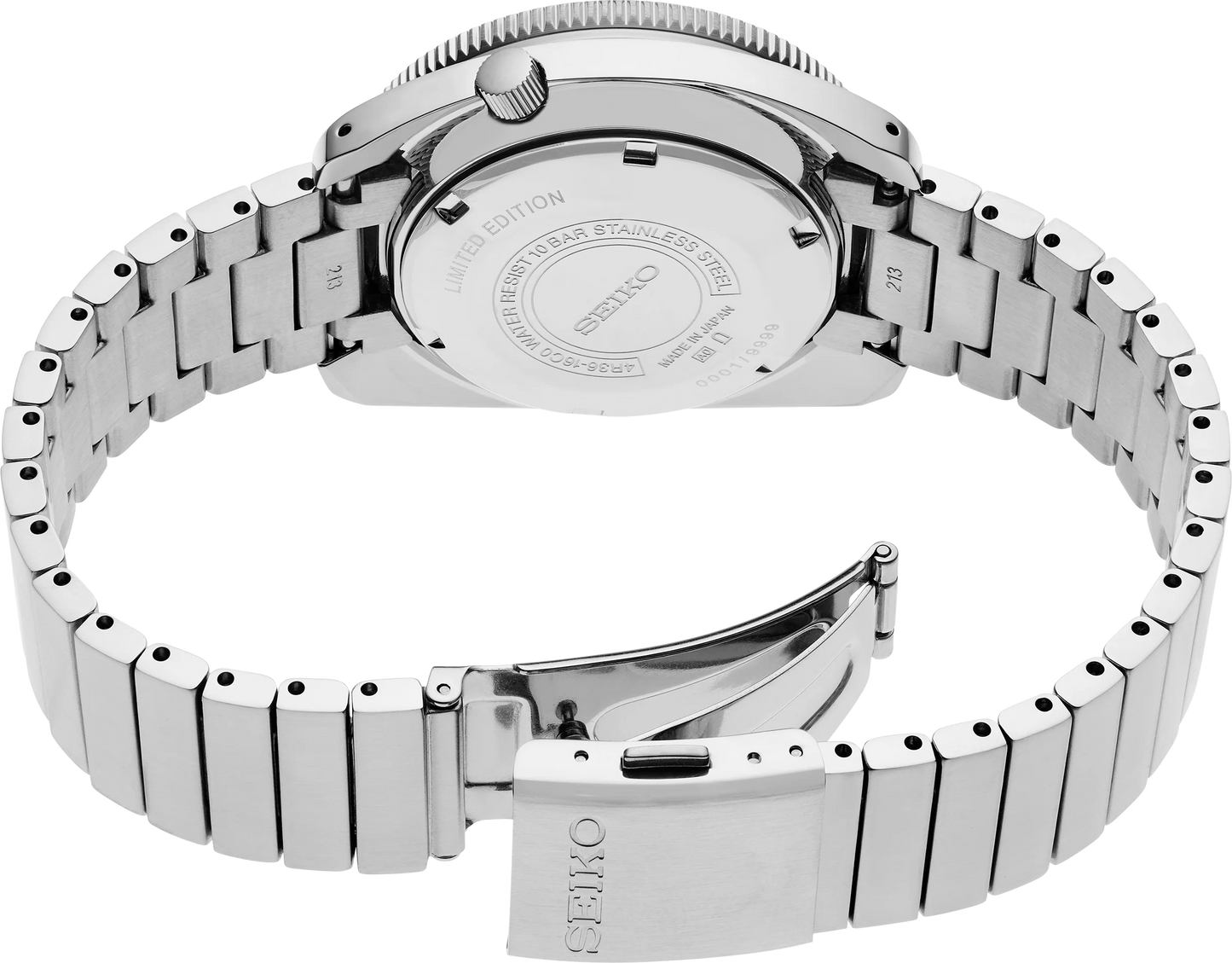 Seiko 5 Sports SRPL05 Limited Edition – vintage-inspired black dial with red second hand, silver rotating bezel, automatic movement, stainless steel and leather straps, 100m water resistance.