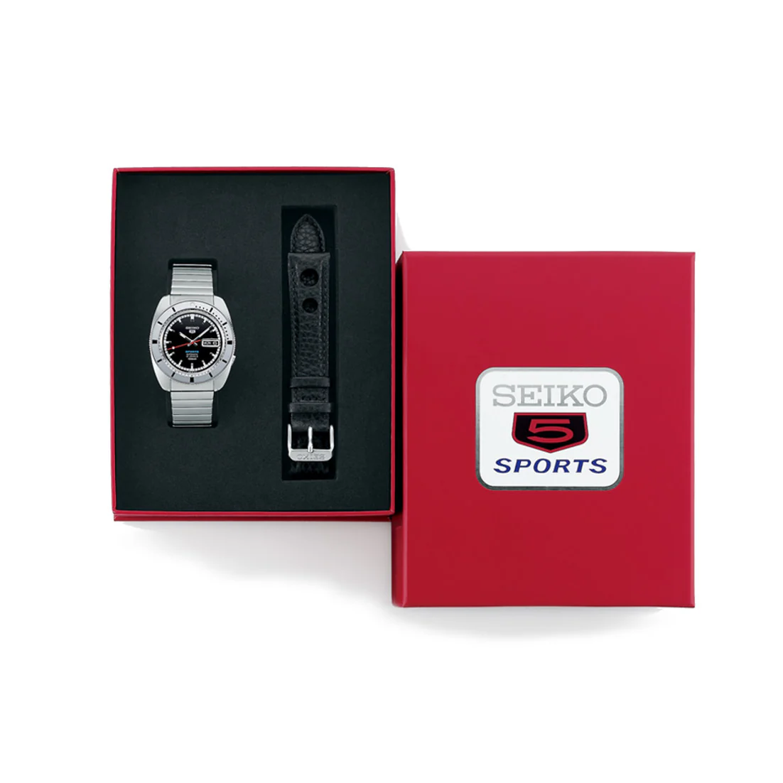 Seiko 5 Sports SRPL05 Limited Edition – vintage-inspired black dial with red second hand, silver rotating bezel, automatic movement, stainless steel and leather straps, 100m water resistance.