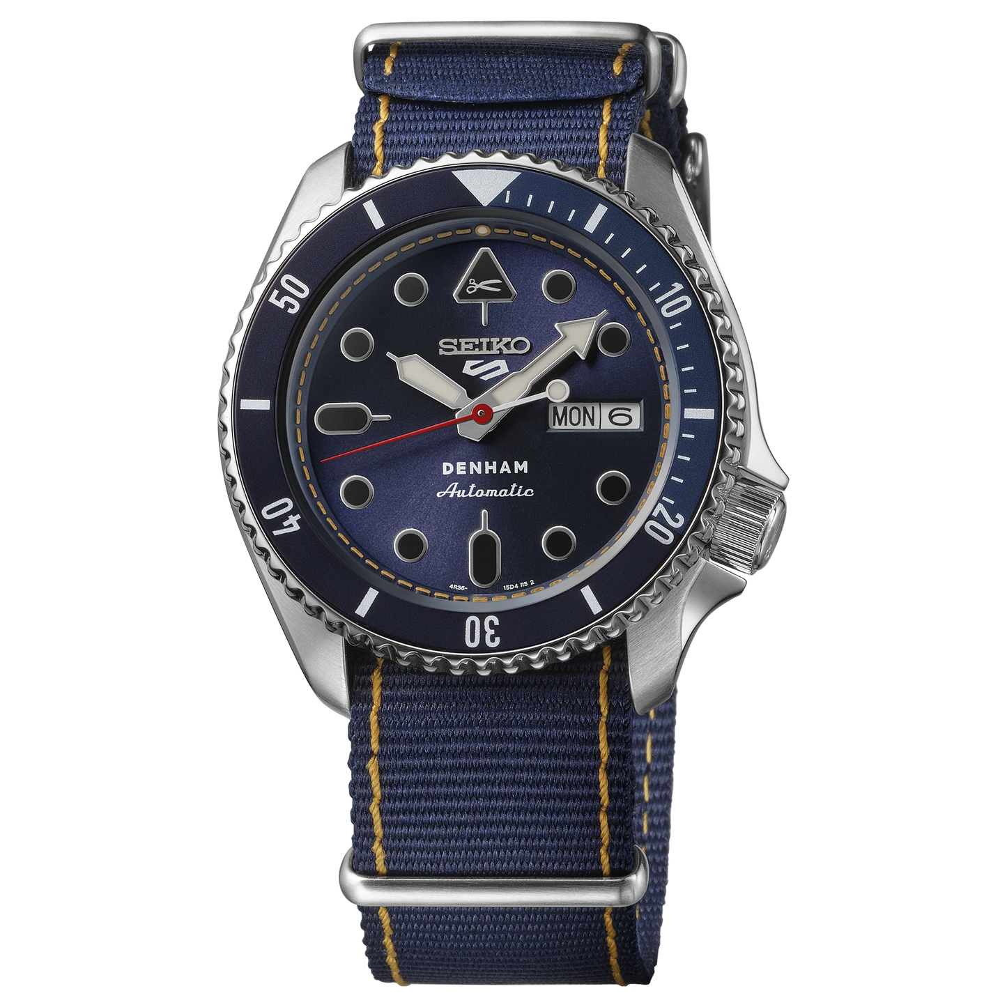 Seiko watch with blue face and strap on a white background