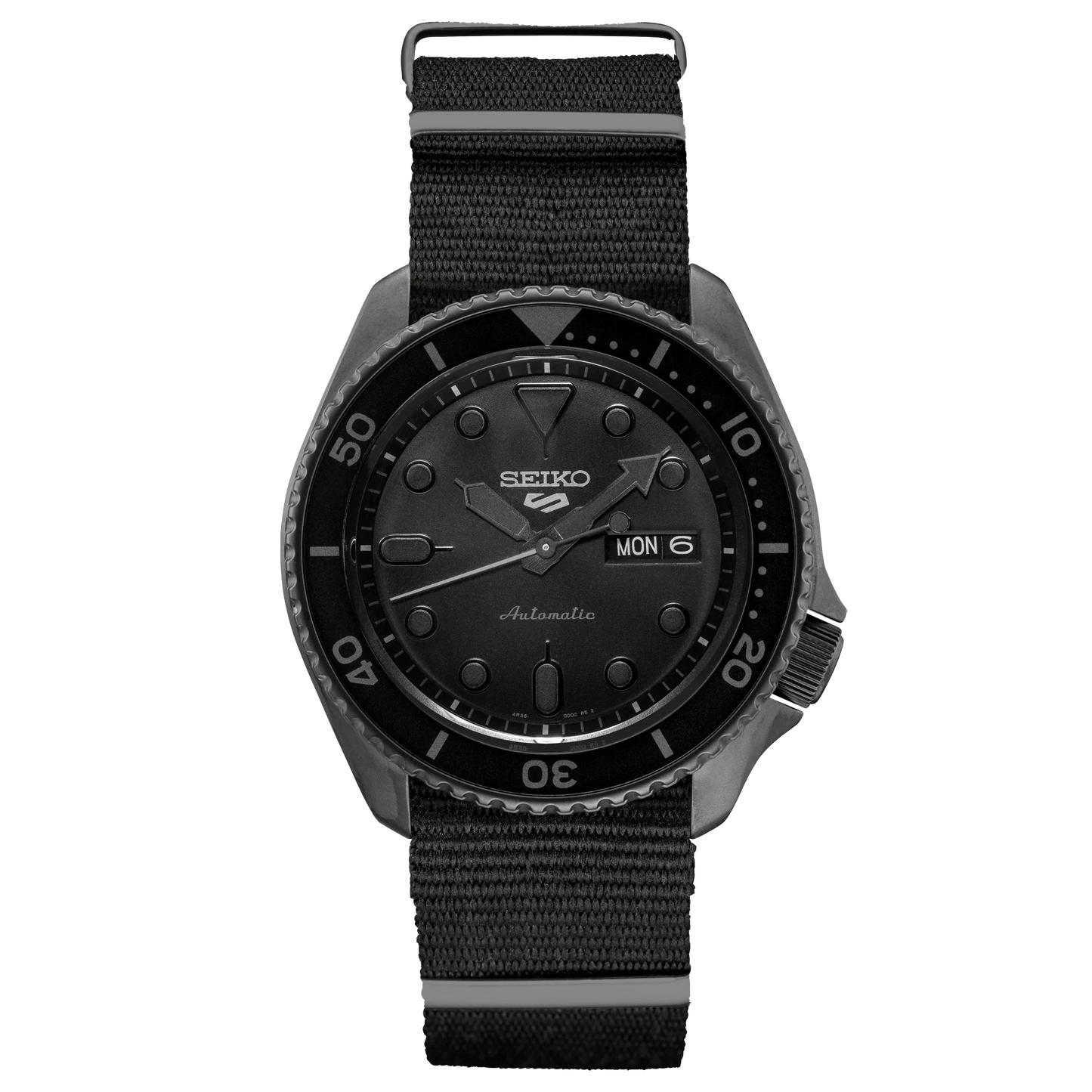 Black Seiko watch with a black strap on a white background