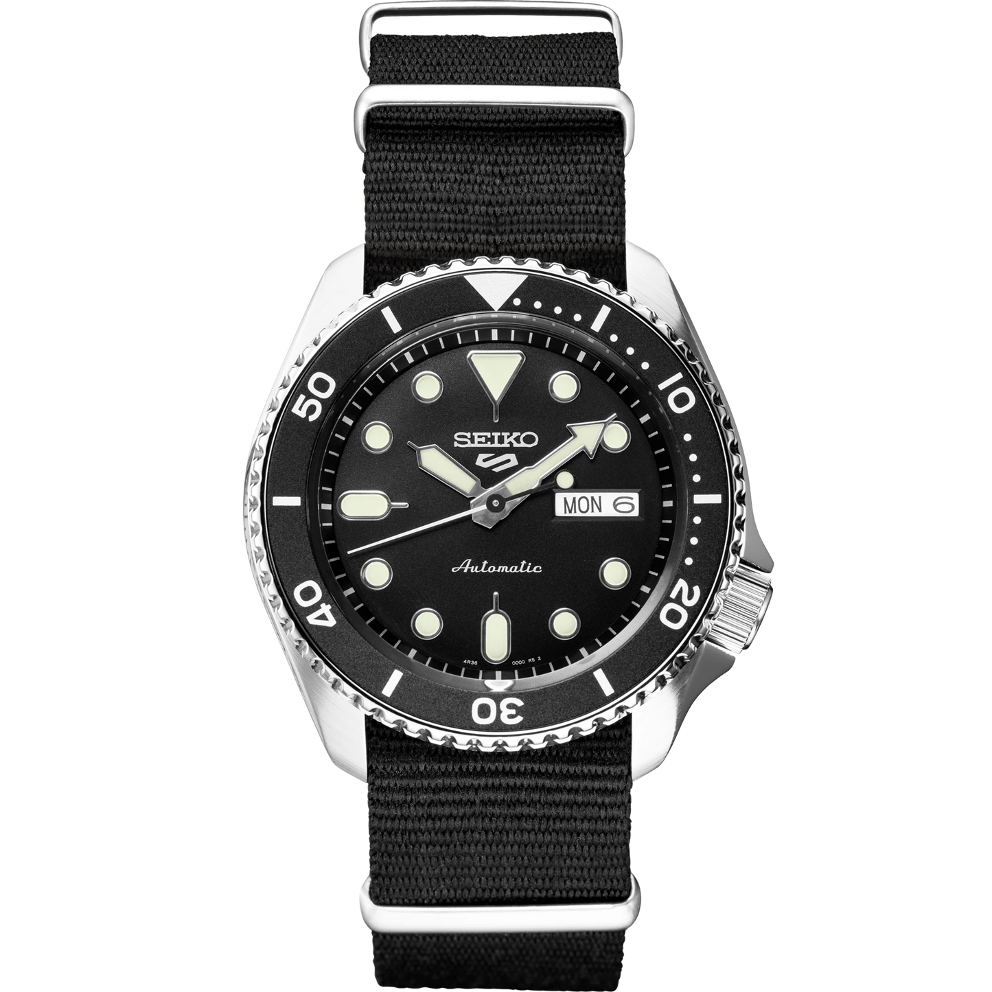 Seiko 5 Sports SRPD89 – rugged black dial automatic watch with rotating bezel, LumiBrite hands, screwdown see-through caseback, and black nylon strap; built for everyday durability and style.
