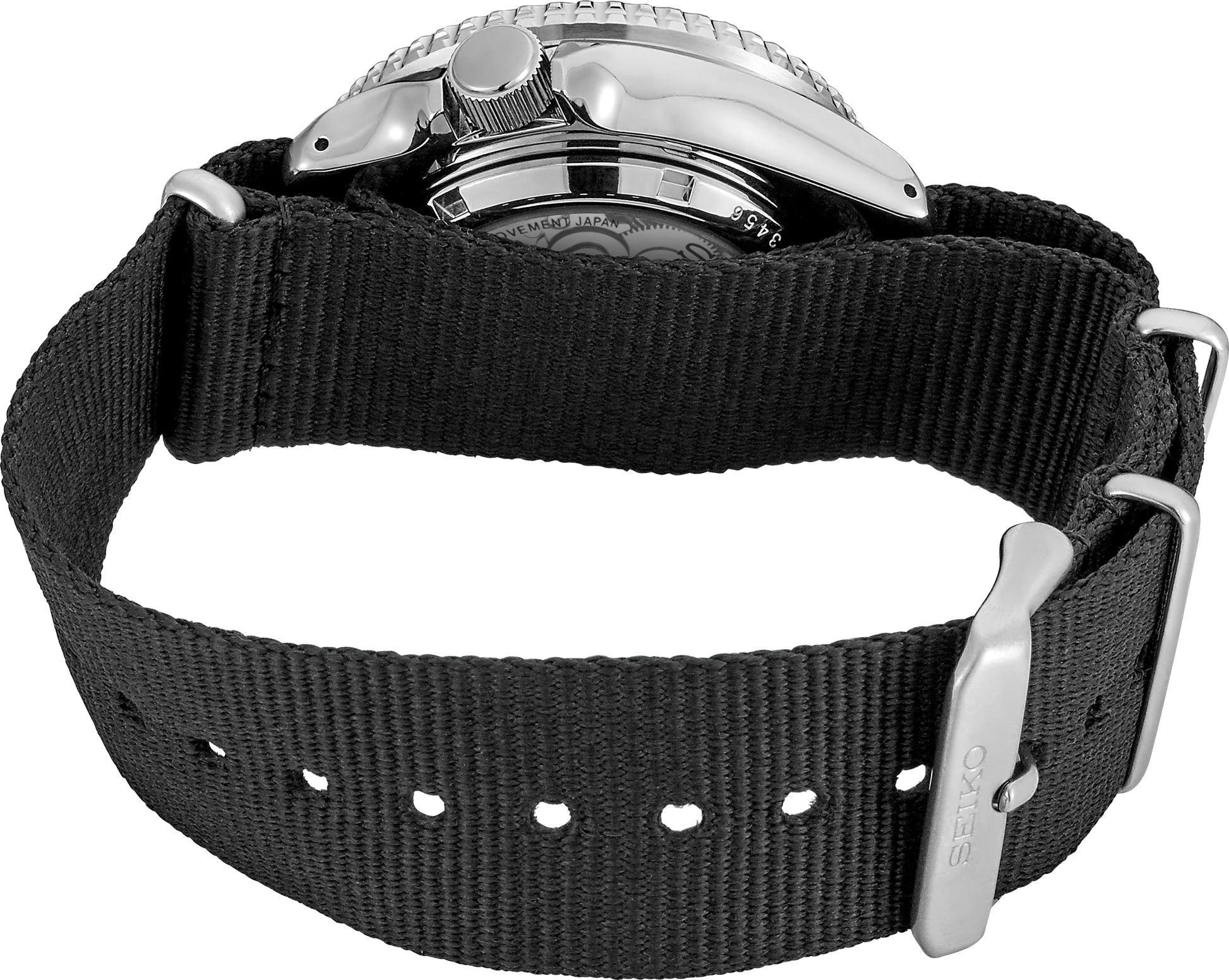 Seiko 5 Sports SRPD89 – rugged black dial automatic watch with rotating bezel, LumiBrite hands, screwdown see-through caseback, and black nylon strap; built for everyday durability and style.