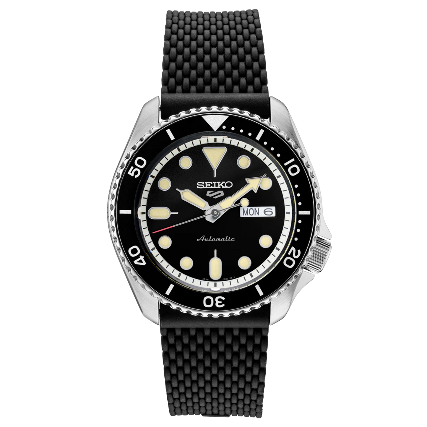 A SEIKO 5 Sports SRPD95 watch with a black silicone strap, black dial, and black case featuring a day/date calendar, LumiBrite hands and markers, and a rotating bezel.