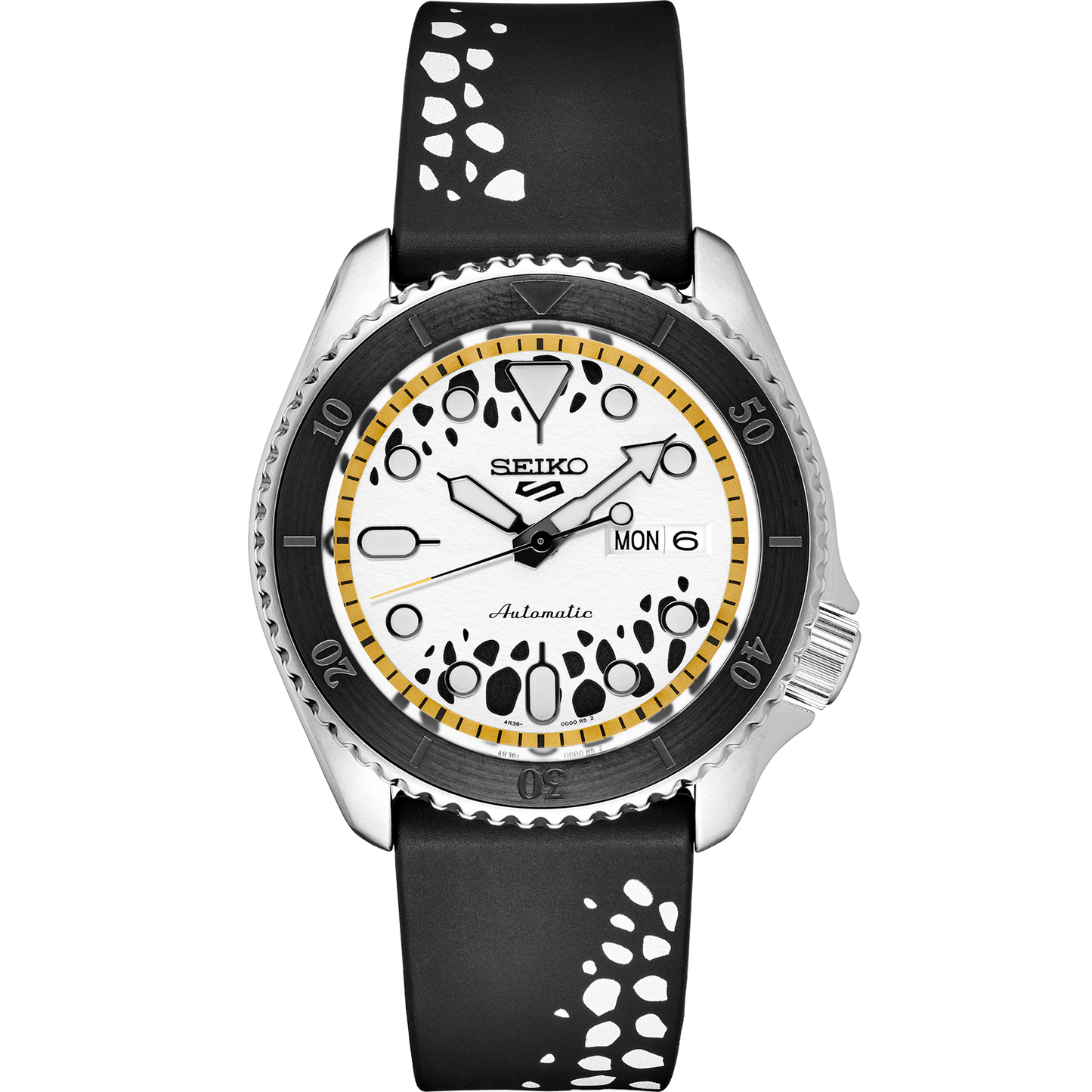 SEIKO 5 Sports One Piece Trafalgar D. Water Law Limited Edition – white and black patterned dial with beige accents, logo caseback, black rotating bezel, automatic movement, and 100m water resistance