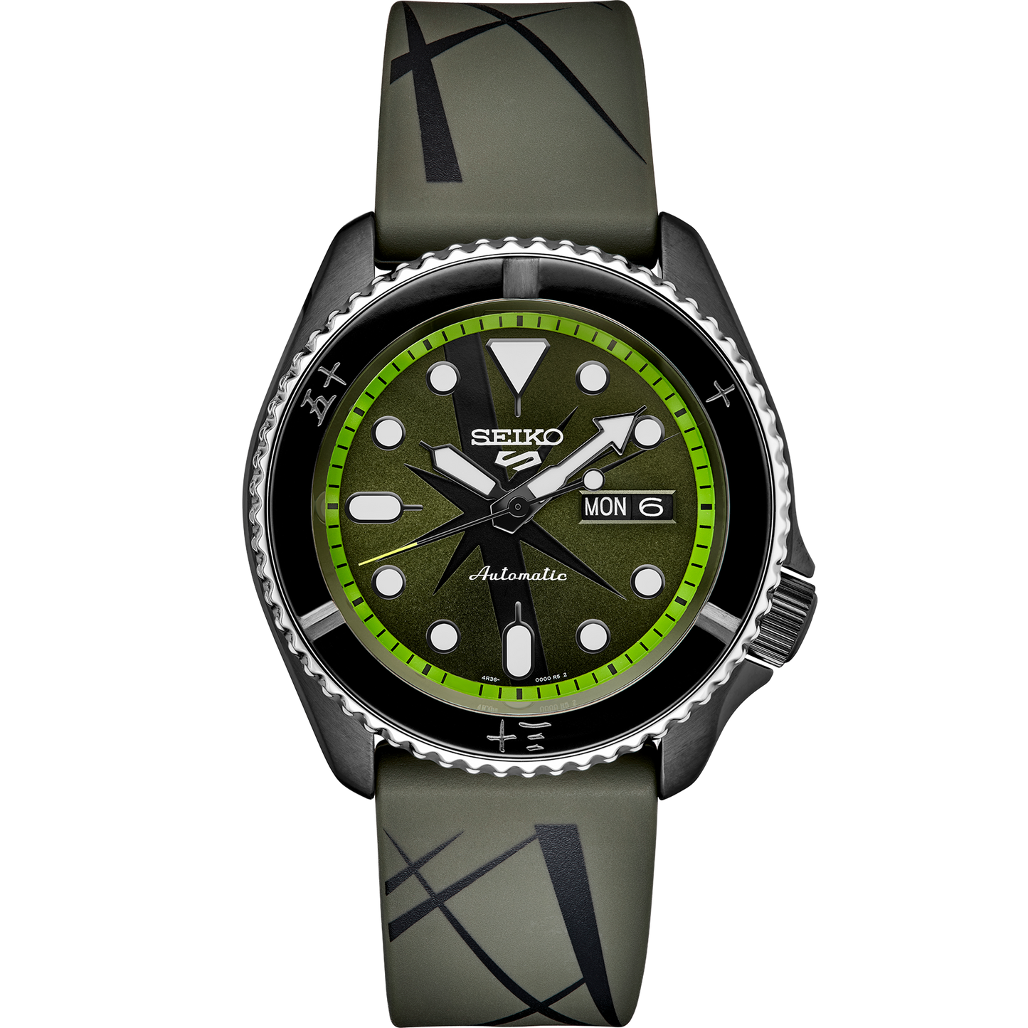 SEIKO 5 Sports One Piece Roronoa Zoro Limited Edition – black and gray patterned dial, green accents, rotating bezel, Zoro logo caseback, automatic movement, and 100m water resistance