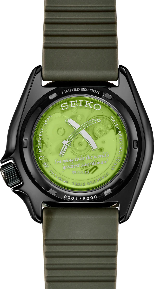 SEIKO 5 Sports One Piece Roronoa Zoro Limited Edition – black and gray patterned dial, green accents, rotating bezel, Zoro logo caseback, automatic movement, and 100m water resistance