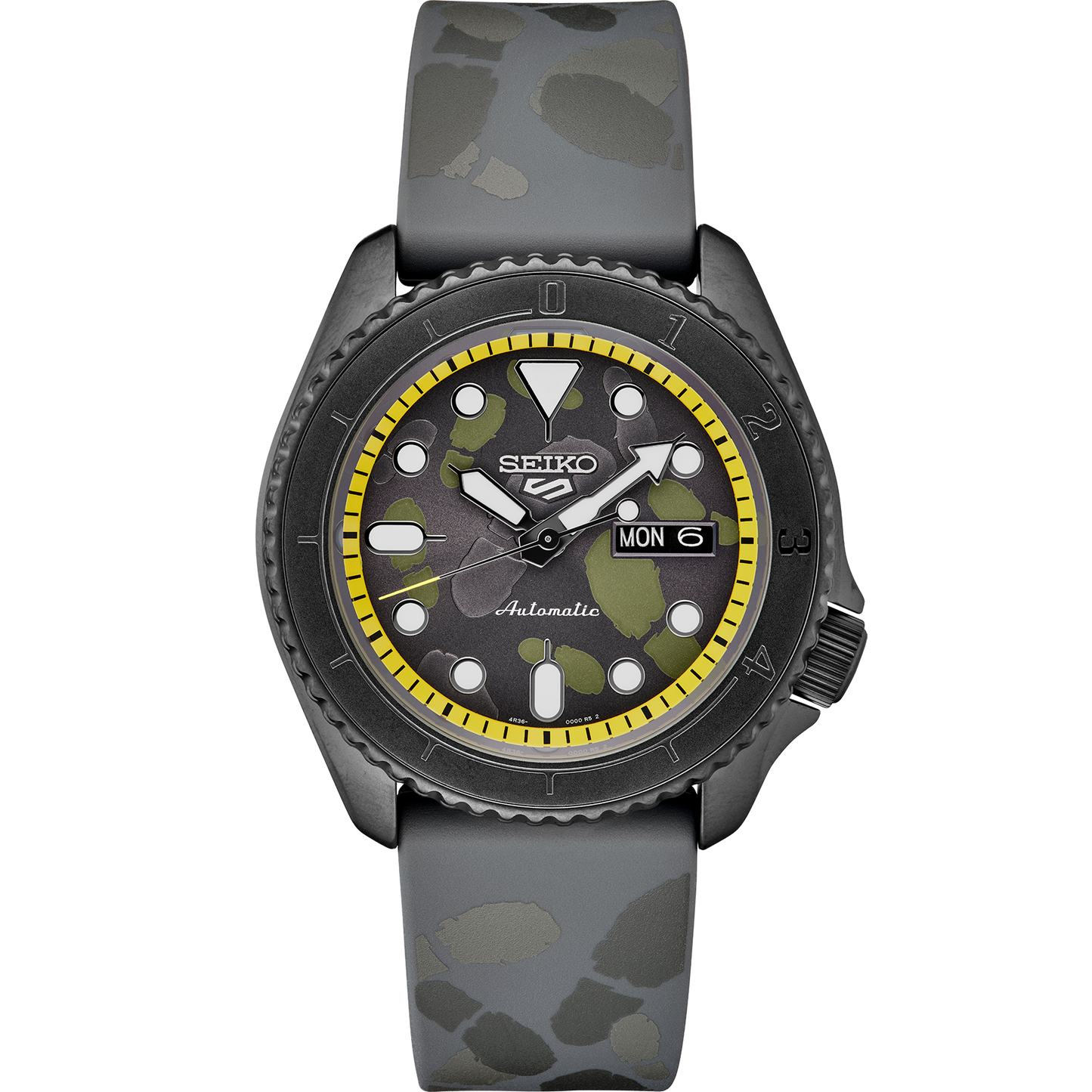 SEIKO 5 Sports One Piece Vinsmoke Sanji Limited Edition – gray and yellow patterned dial, yellow caseback with Sanji’s logo, black rotating bezel, automatic movement, and 100m water resistance.