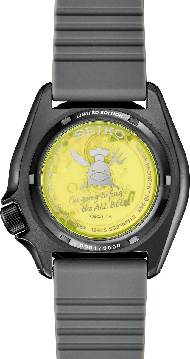 SEIKO 5 Sports One Piece Vinsmoke Sanji Limited Edition – gray and yellow patterned dial, yellow caseback with Sanji’s logo, black rotating bezel, automatic movement, and 100m water resistance.