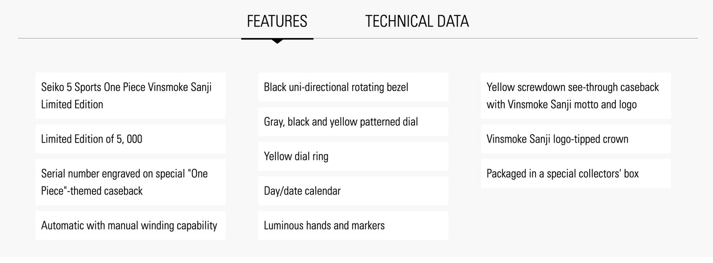 SEIKO 5 Sports One Piece Vinsmoke Sanji Limited Edition – gray and yellow patterned dial, yellow caseback with Sanji’s logo, black rotating bezel, automatic movement, and 100m water resistance.