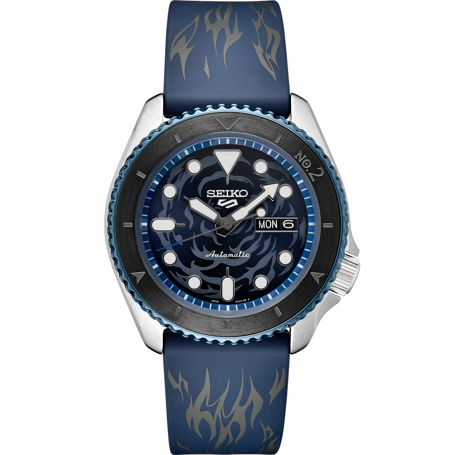 SEIKO 5 Sports One Piece Sabo Limited Edition – black and gray patterned dial with blue accents, blue caseback with Sabo’s logo, black and blue bezel, automatic movement, and 100m water resistance