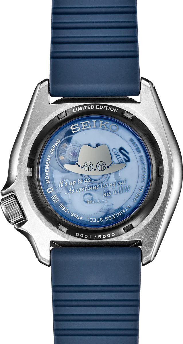 SEIKO 5 Sports One Piece Sabo Limited Edition – black and gray patterned dial with blue accents, blue caseback with Sabo’s logo, black and blue bezel, automatic movement, and 100m water resistance
