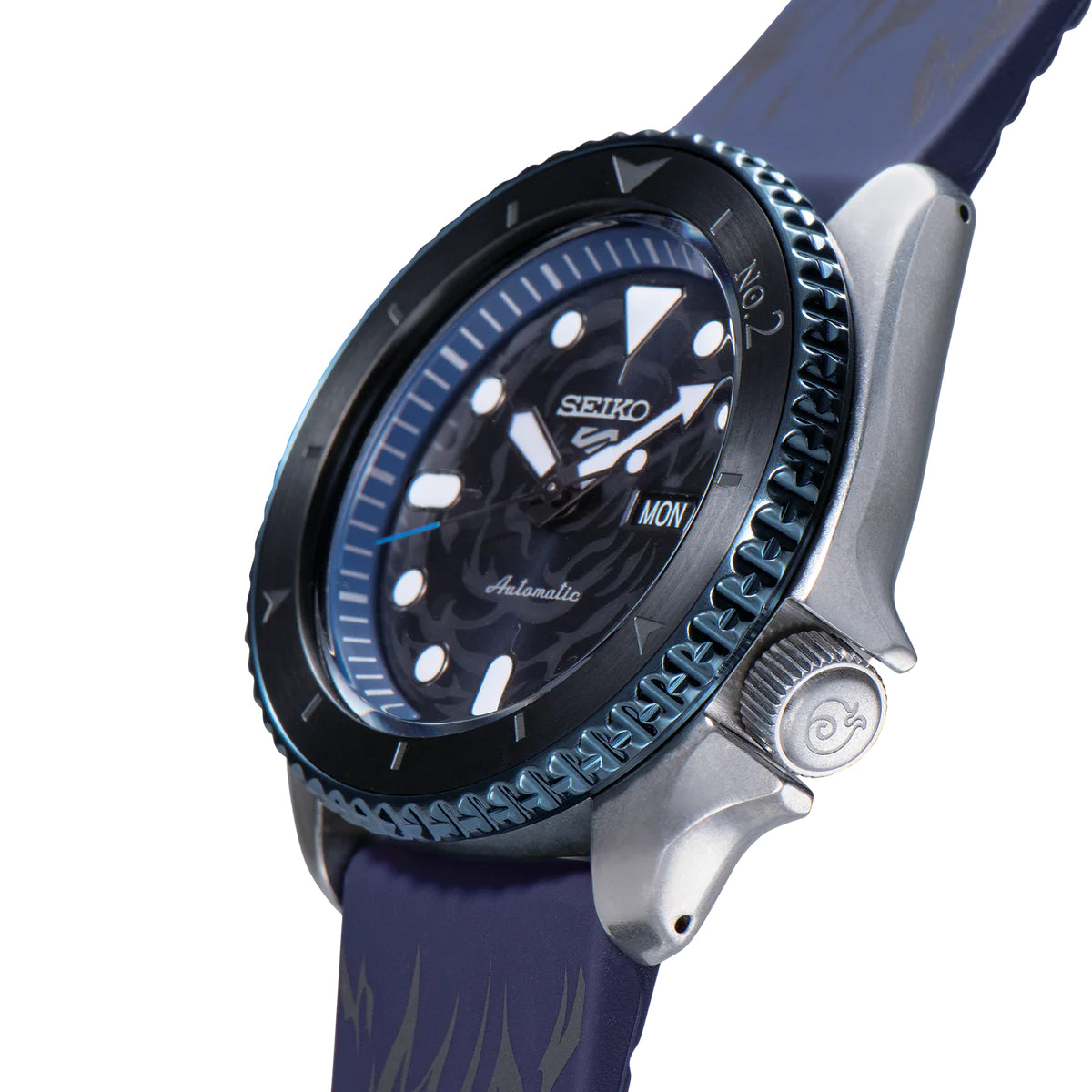 SEIKO 5 Sports One Piece Sabo Limited Edition – black and gray patterned dial with blue accents, blue caseback with Sabo’s logo, black and blue bezel, automatic movement, and 100m water resistance