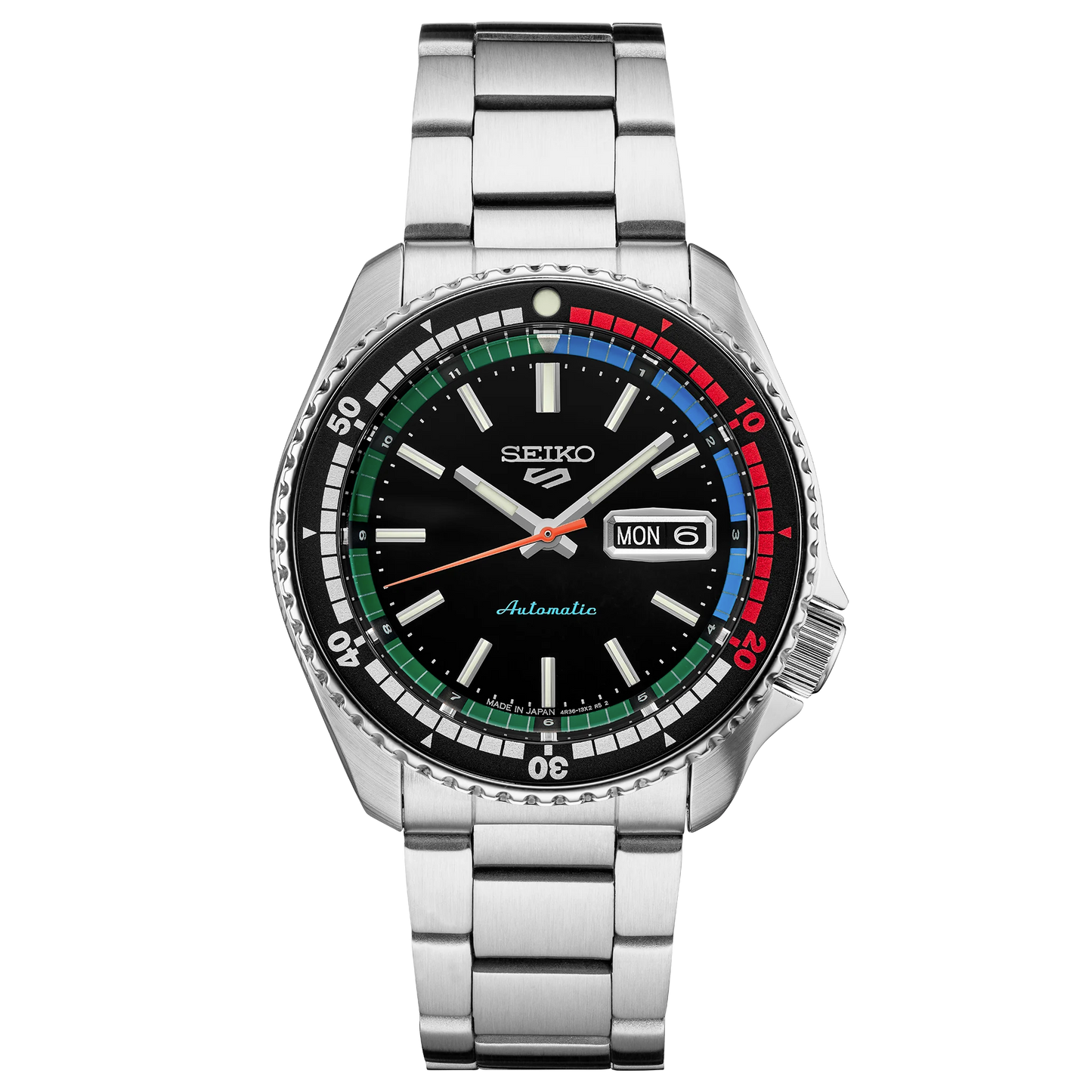 Seiko watch with a silver metal strap on a white background