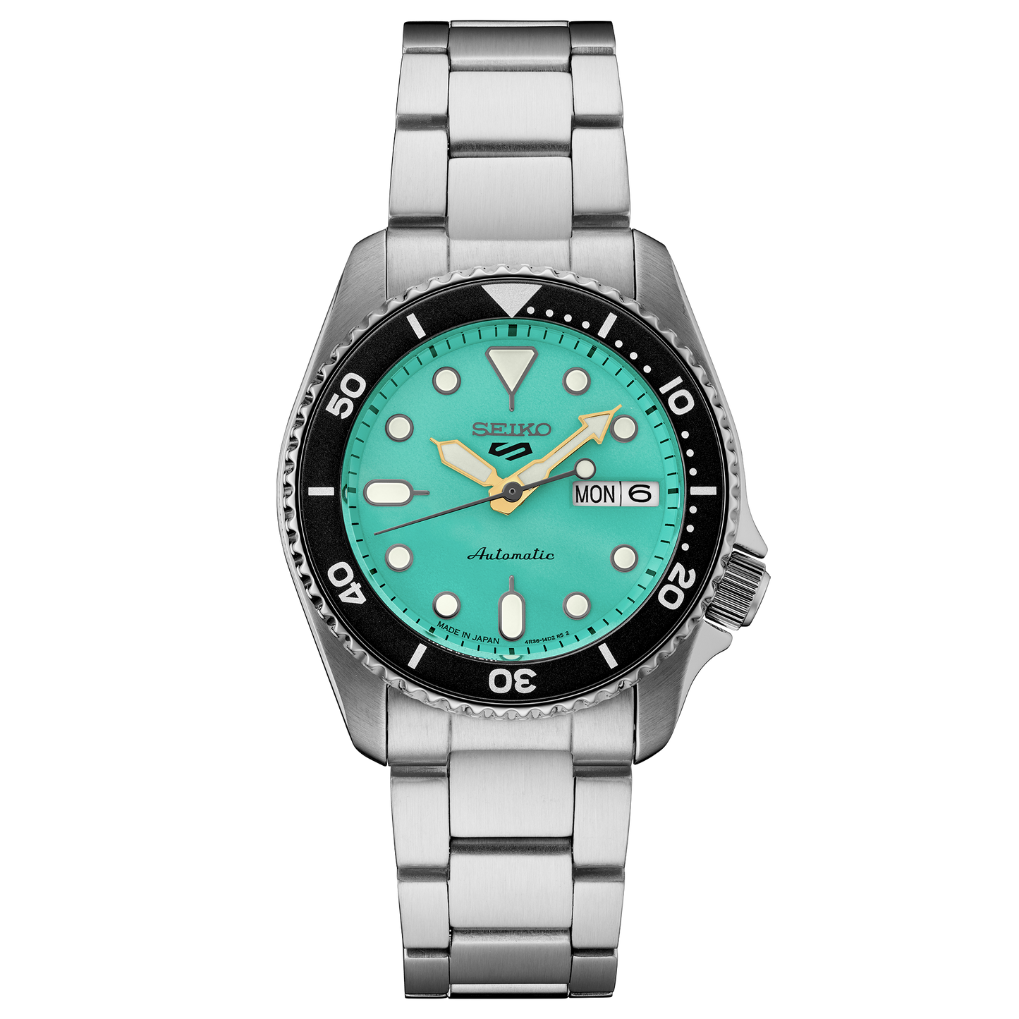 Seiko watch with turquoise dial and silver metal strap on a white background