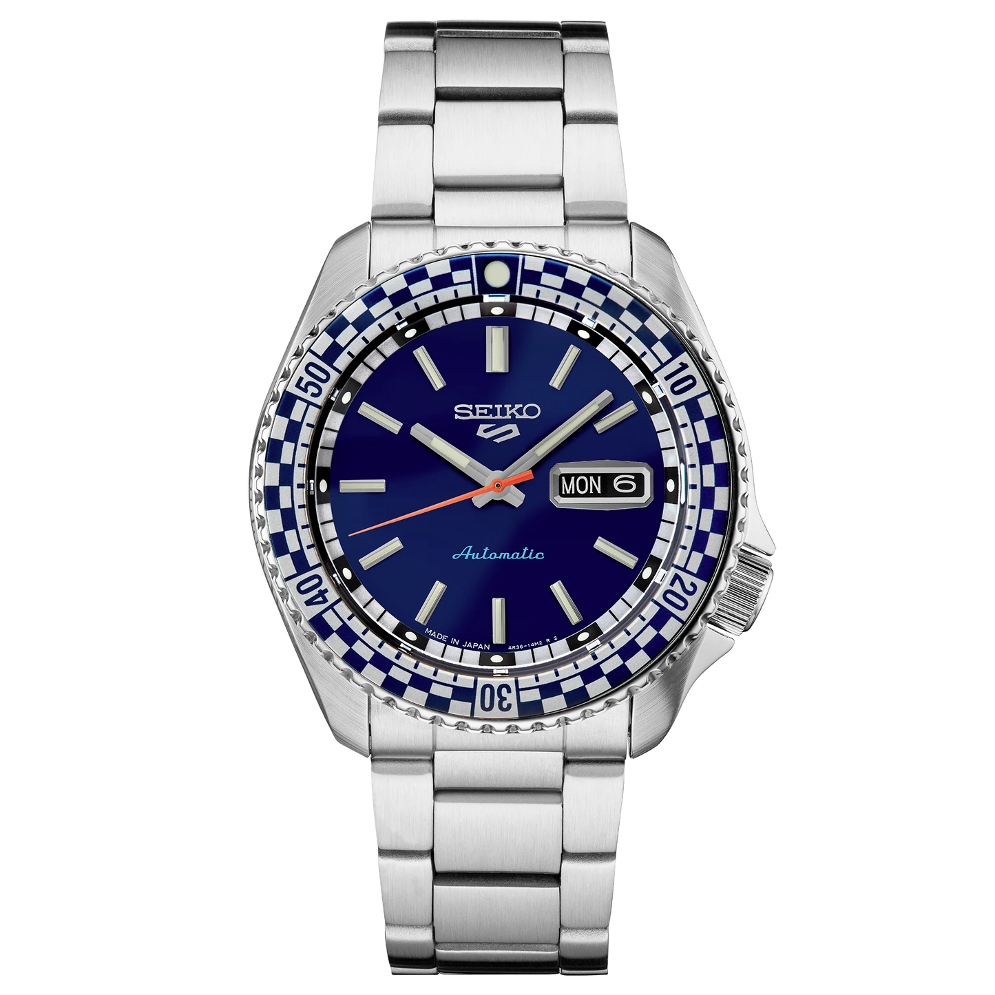 Seiko watch with blue dial and silver metal strap on a white background