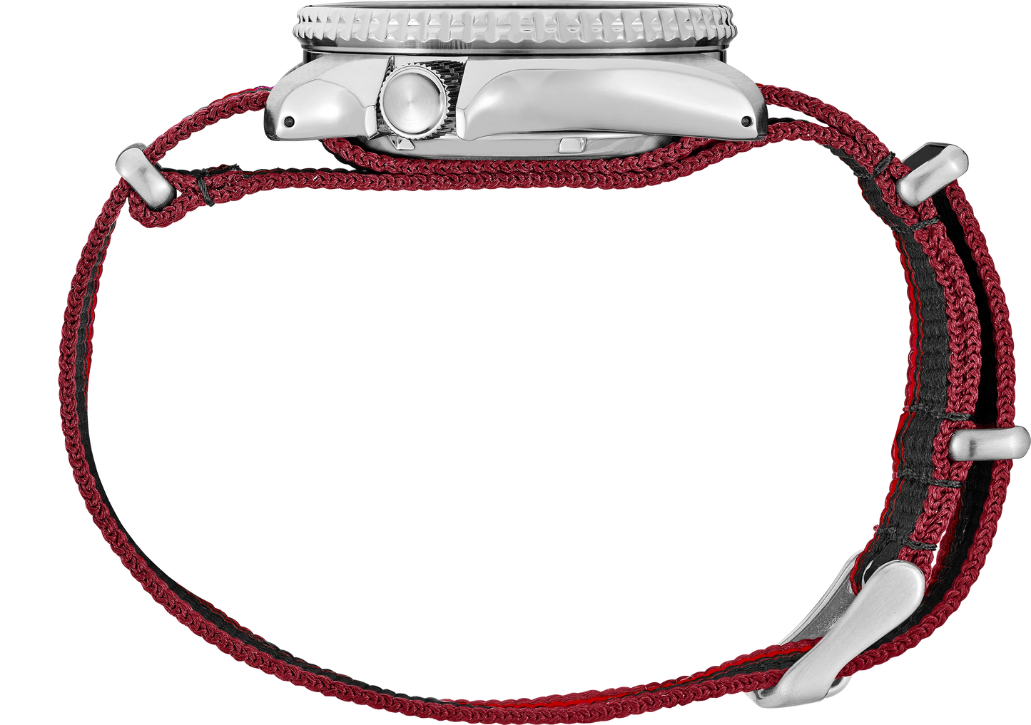 SEIKO SRPK71 U.S. Special Creation – black and red striped dial and nylon strap, inspired by vintage race cars, with a rotating bezel, automatic movement, and 100m water resistance.