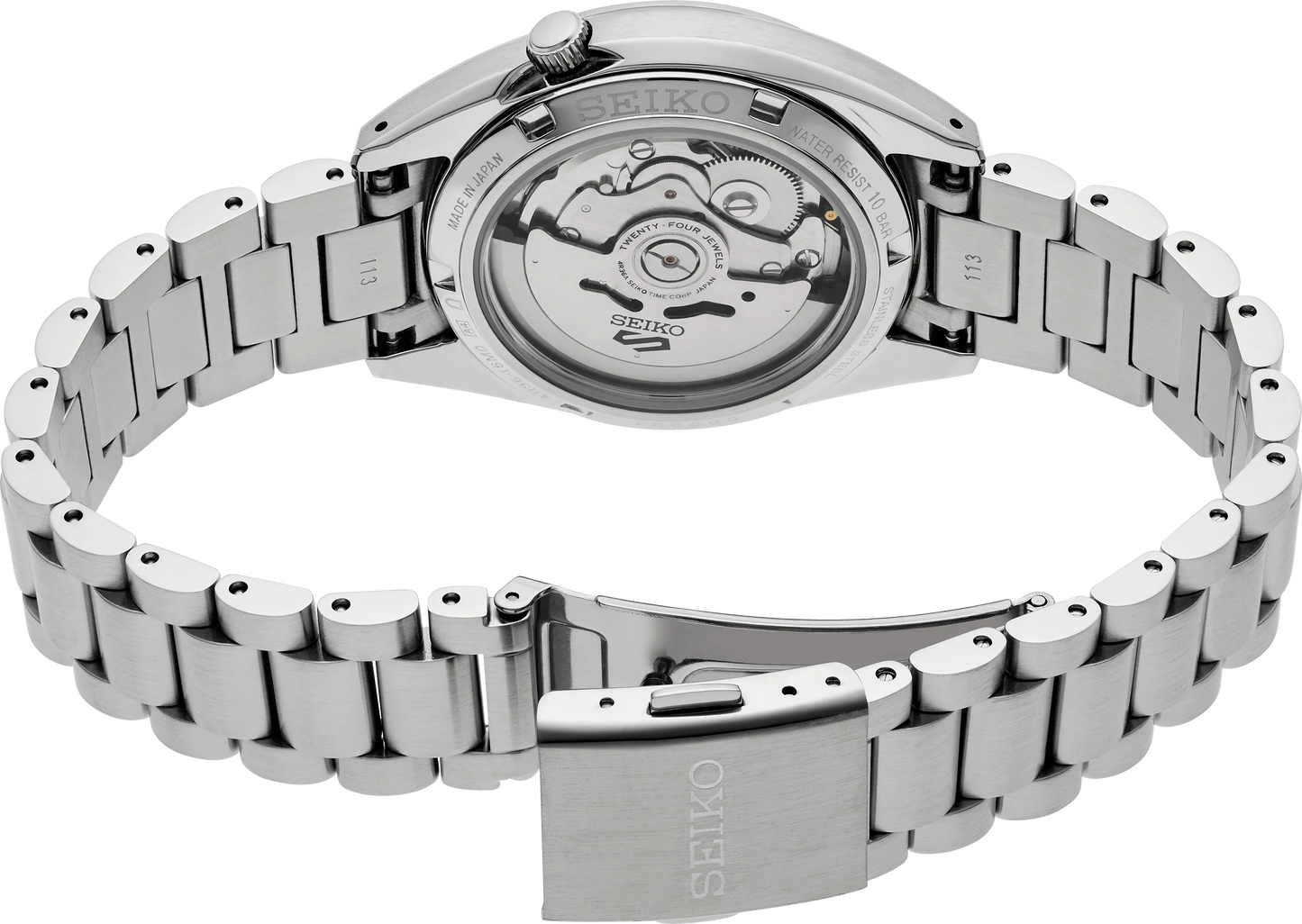 SEIKO SRPK89 from the Seiko 5 Sports collection – compact black dial with diamond-cut indices, day/date display, stainless steel case and bracelet, automatic movement, and 100m water resistance