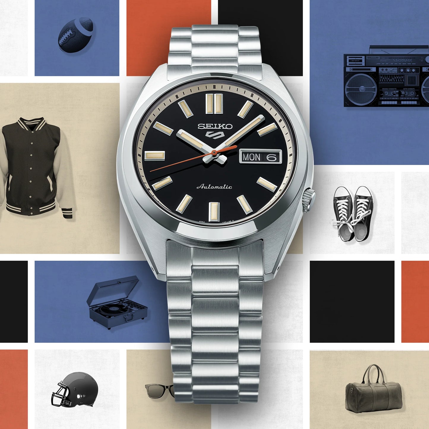 SEIKO SRPK89 from the Seiko 5 Sports collection – compact black dial with diamond-cut indices, day/date display, stainless steel case and bracelet, automatic movement, and 100m water resistance