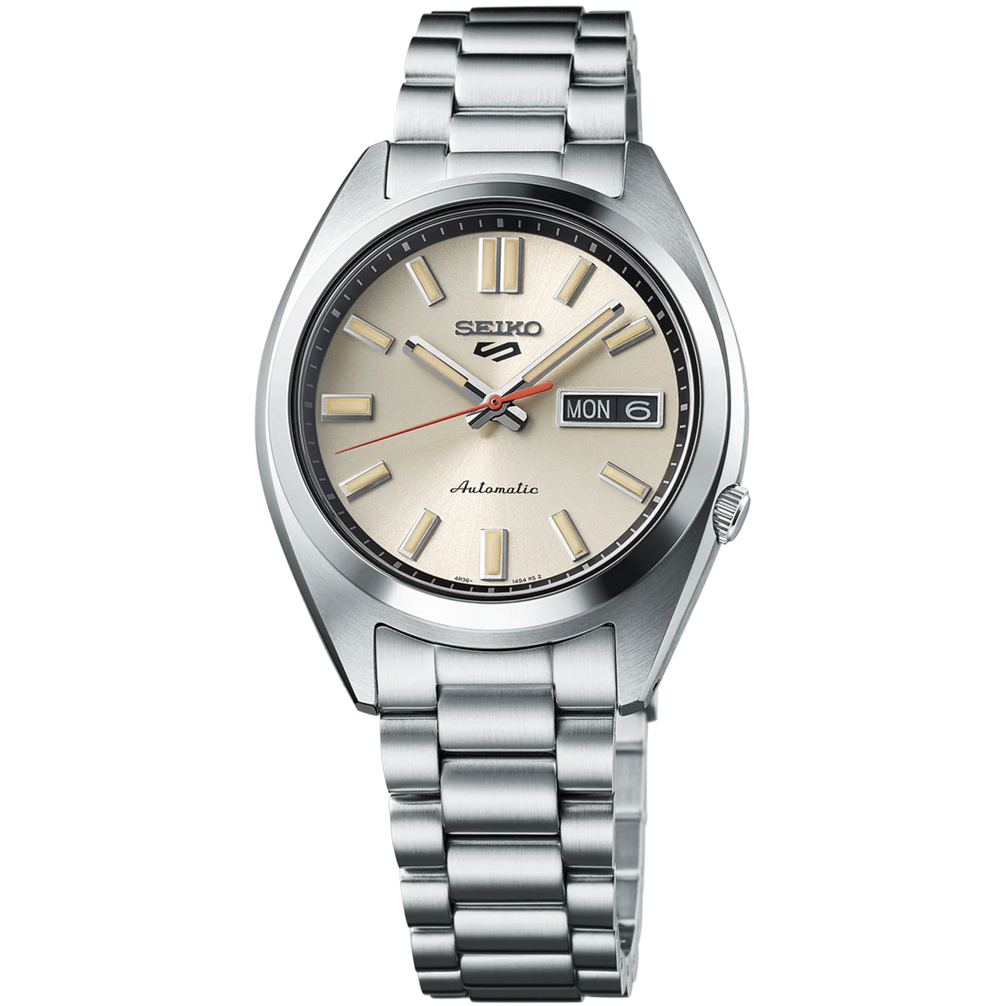 Seiko SRPK91 – ivory dial automatic watch from Seiko 5 Sports with diamond-cut indices, curved Hardlex crystal, see-through caseback, and 100m water resistance.