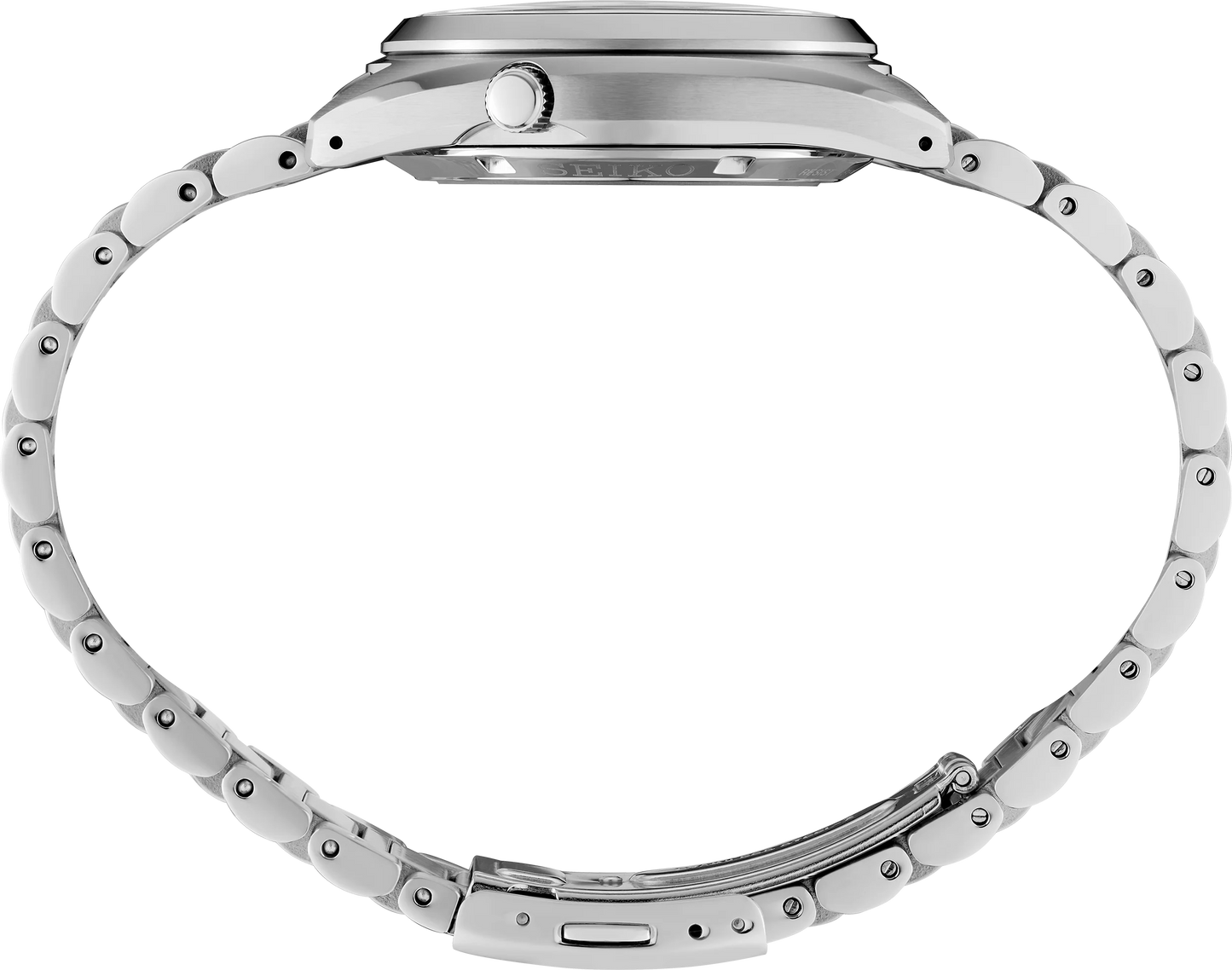 Seiko SRPK91 – ivory dial automatic watch from Seiko 5 Sports with diamond-cut indices, curved Hardlex crystal, see-through caseback, and 100m water resistance.