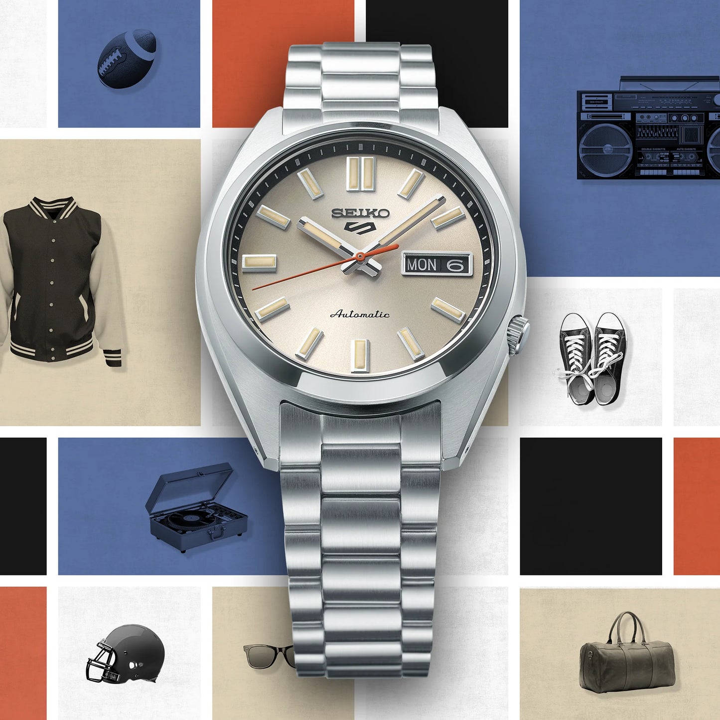 Seiko SRPK91 – ivory dial automatic watch from Seiko 5 Sports with diamond-cut indices, curved Hardlex crystal, see-through caseback, and 100m water resistance.