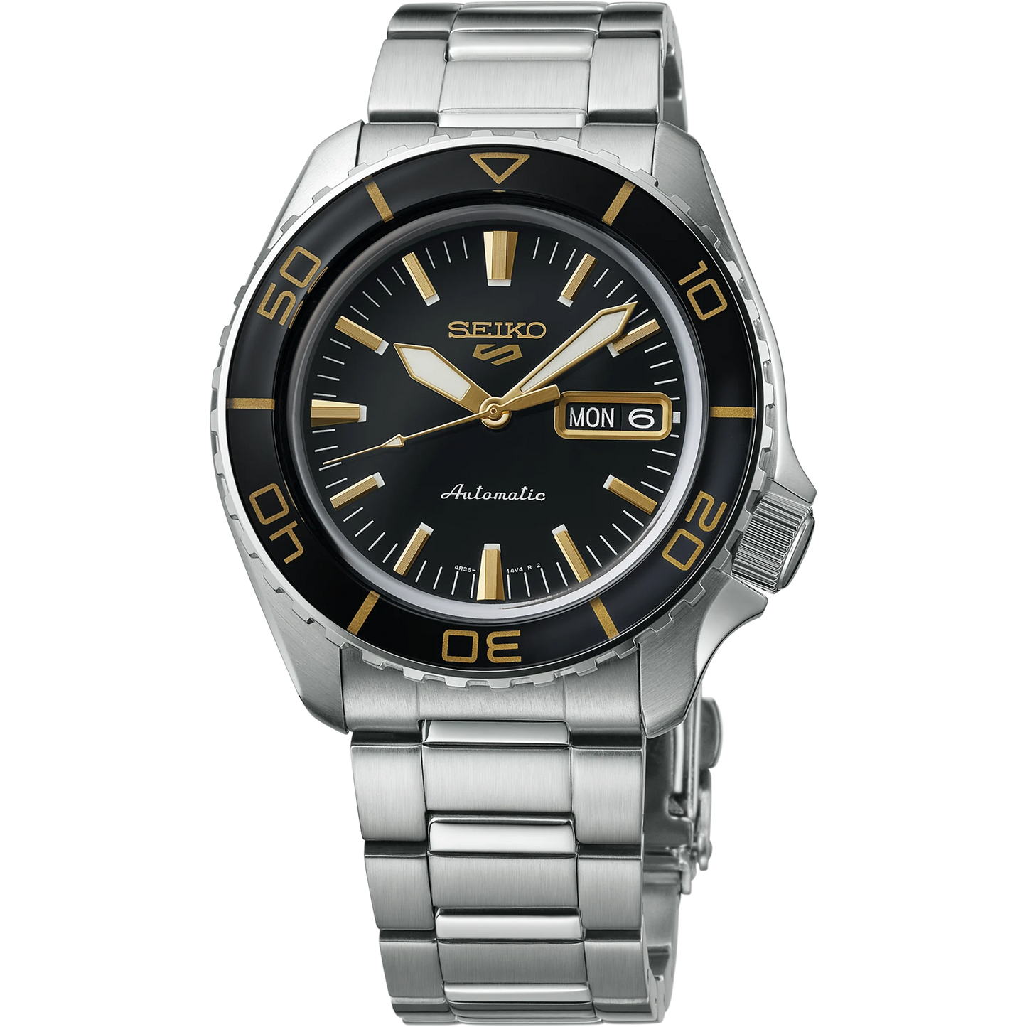 Seiko 5 Sports SRPK99 – black dial with gold accents, rotating bezel, stainless steel case and bracelet, automatic 4R36 movement, and see-through caseback with 100m water resistance