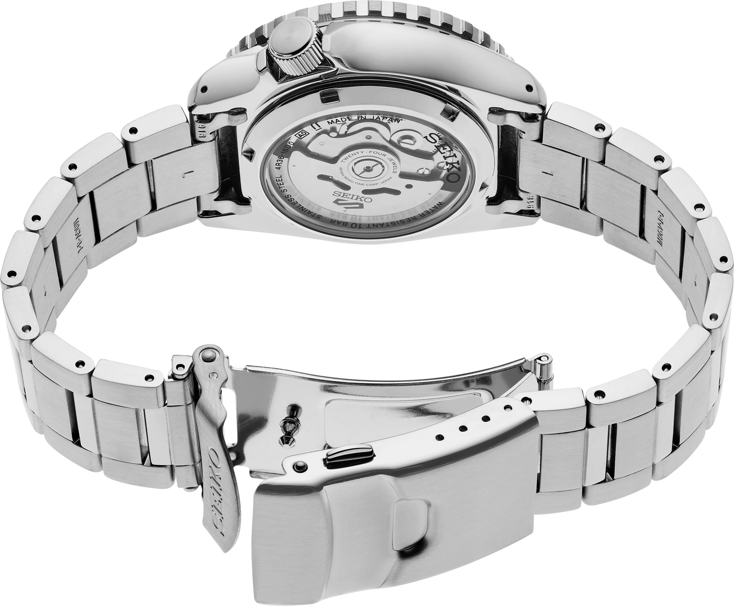 Seiko 5 Sports SRPK99 – black dial with gold accents, rotating bezel, stainless steel case and bracelet, automatic 4R36 movement, and see-through caseback with 100m water resistance