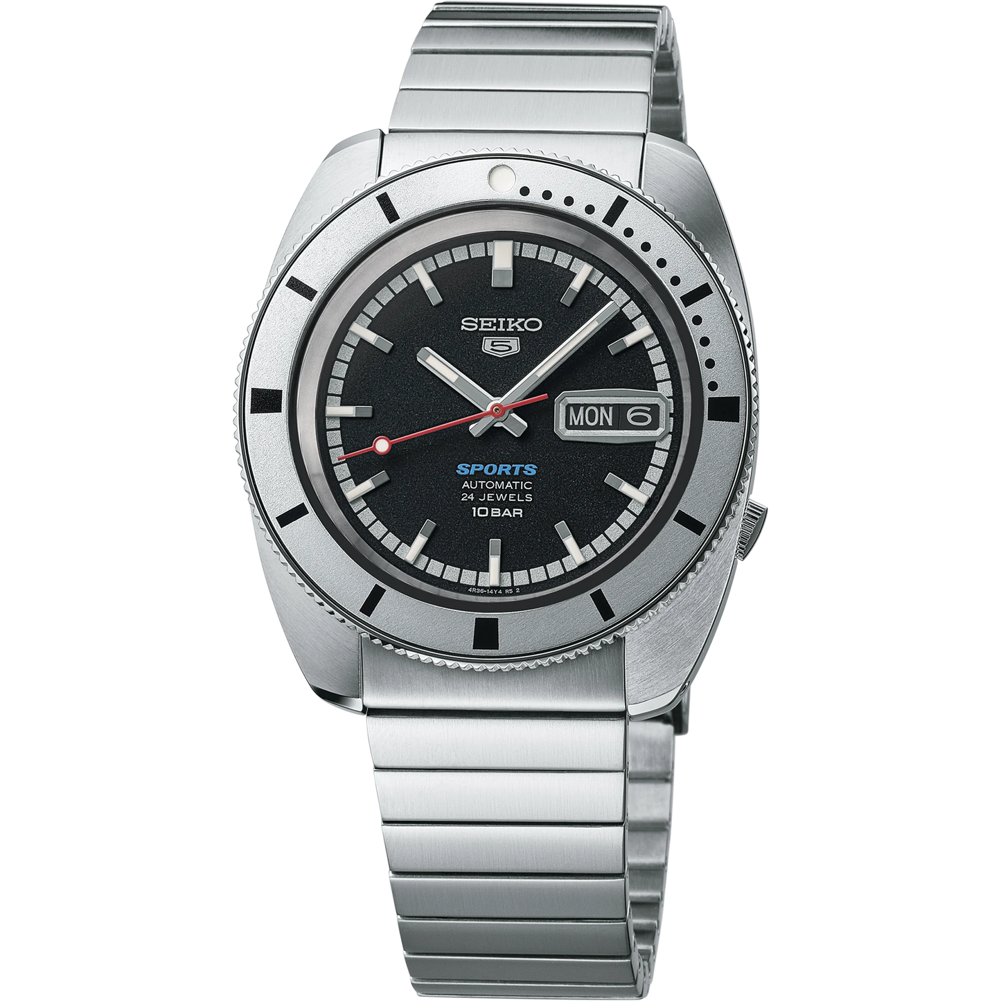 Seiko 5 Sports SRPL05 Limited Edition – vintage-inspired black dial with red second hand, silver rotating bezel, automatic movement, stainless steel and leather straps, 100m water resistance.