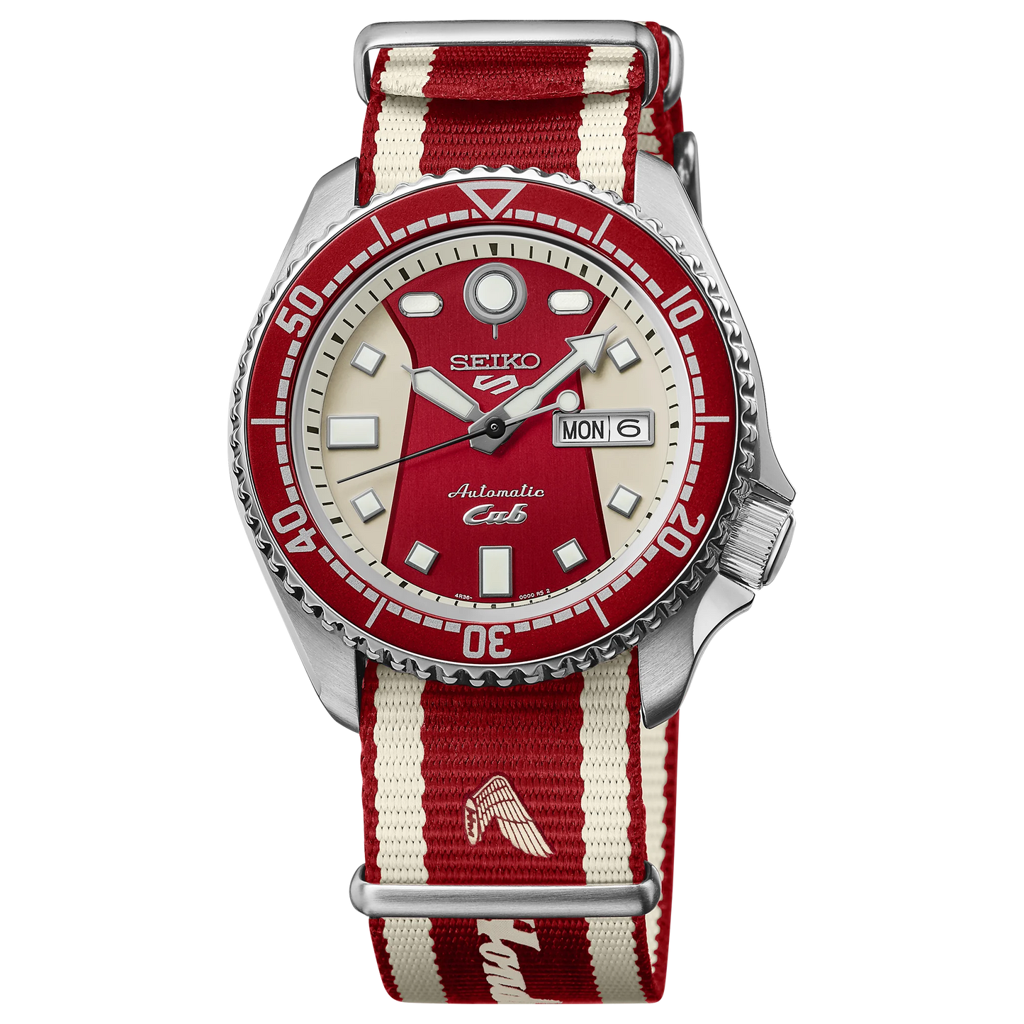 Seiko watch with red and white striped strap on a white background