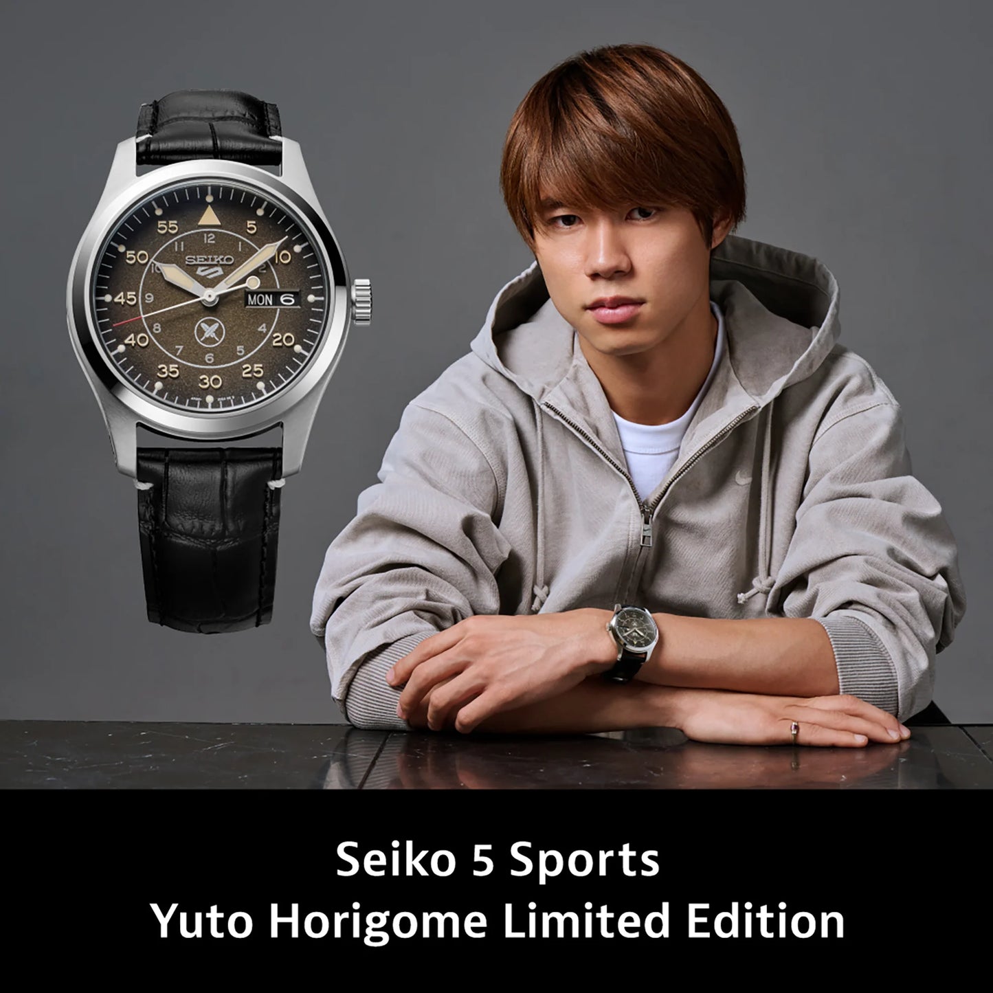 Seiko 5 Sports Yuto Horigome Limited Edition Watch – Black-Brown Gradient Dial with Leather Strap and Pilot-Inspired Design, 4R36 Automatic Movement, Limited to 4,000 Pieces