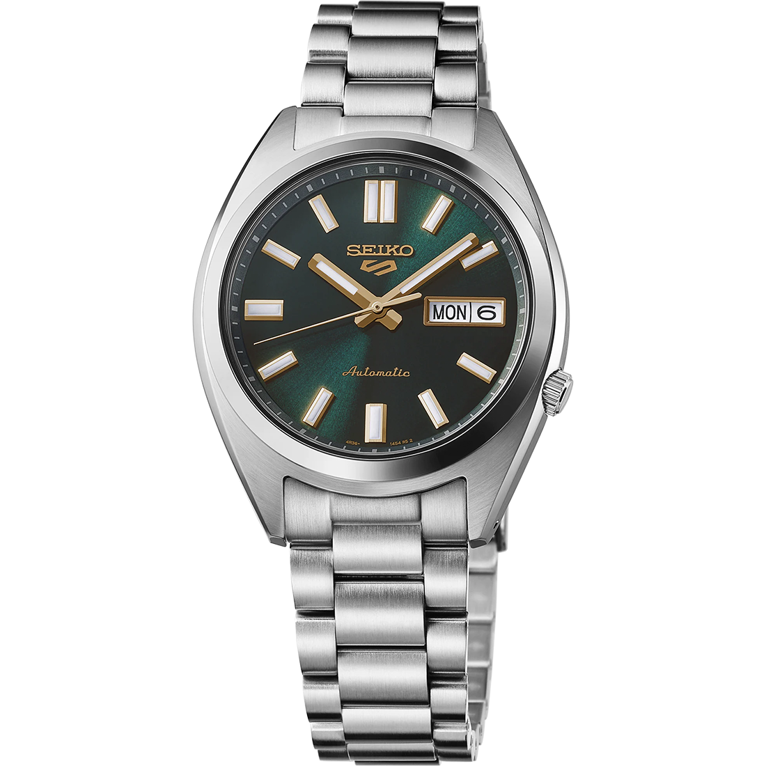 Seiko 5 Sports SRPL57 automatic watch featuring a 37.4 mm stainless steel case, deep green sunray dial with gold-tone diamond-cut indices, and metallic minute track. Includes day/date display, LumiBrite-coated hands, curved Hardlex crystal, and stainless steel bracelet with tri-fold push button clasp. Powered by Caliber 4R36 automatic movement with manual winding, 24 jewels, 41-hour power reserve, and screwdown see-through caseback. Water resistant to 100 meters (10 bar).