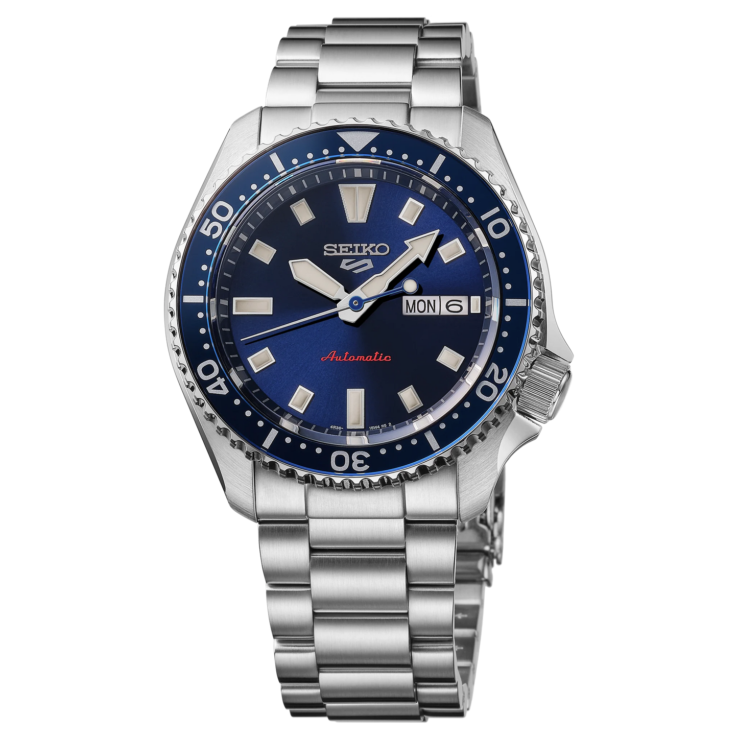 SEIKO 5 Sports SRPL83 SKX Sports Style – deep blue dial and bezel, stainless steel bracelet, automatic movement, and 100m water resistance.