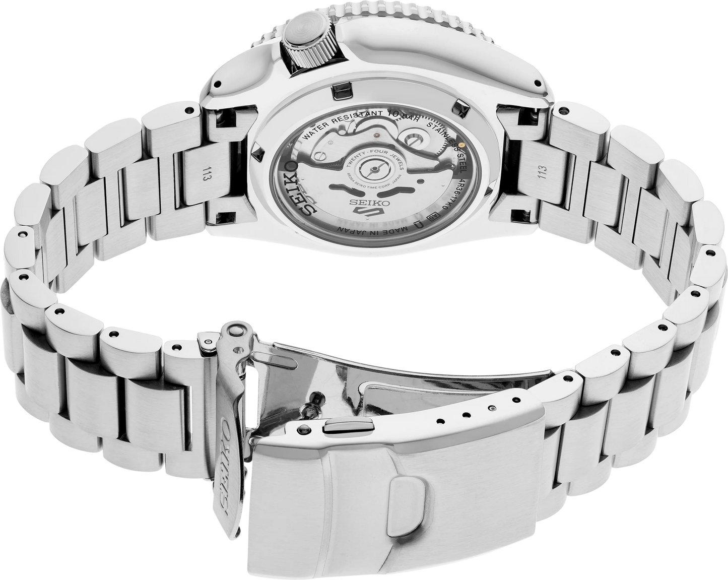 SEIKO 5 Sports SRPL83 SKX Sports Style – deep blue dial and bezel, stainless steel bracelet, automatic movement, and 100m water resistance.