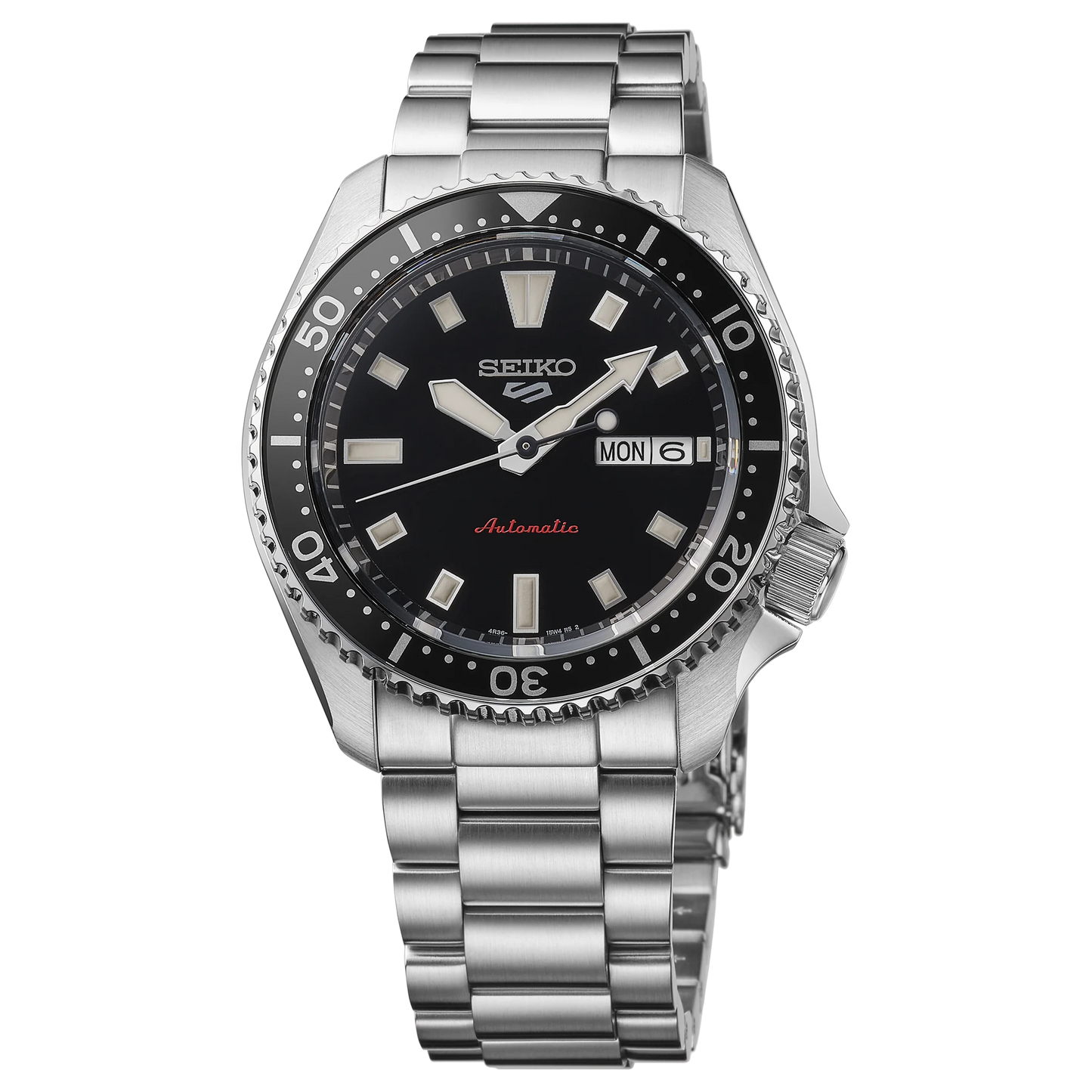 SEIKO 5 Sports SRPL85 SKX Sports Style – black dial and bezel, stainless steel bracelet, automatic movement, and 100m water resistance.