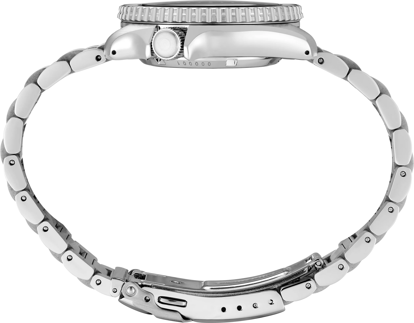 SEIKO 5 Sports SRPL85 SKX Sports Style – black dial and bezel, stainless steel bracelet, automatic movement, and 100m water resistance.