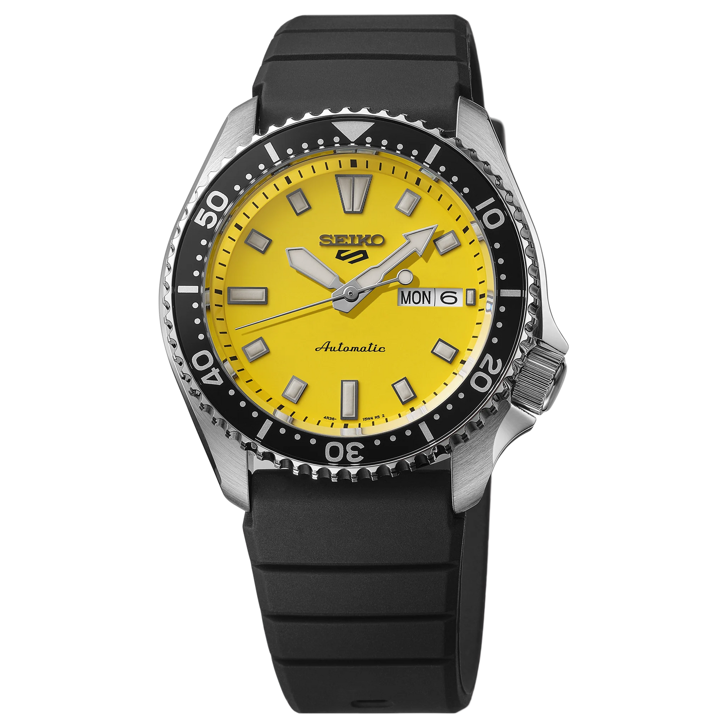 SEIKO 5 Sports SRPL87 SKX Sports Style – bold yellow dial, black rotating bezel, black silicone strap, automatic movement, and 100m water resistance.