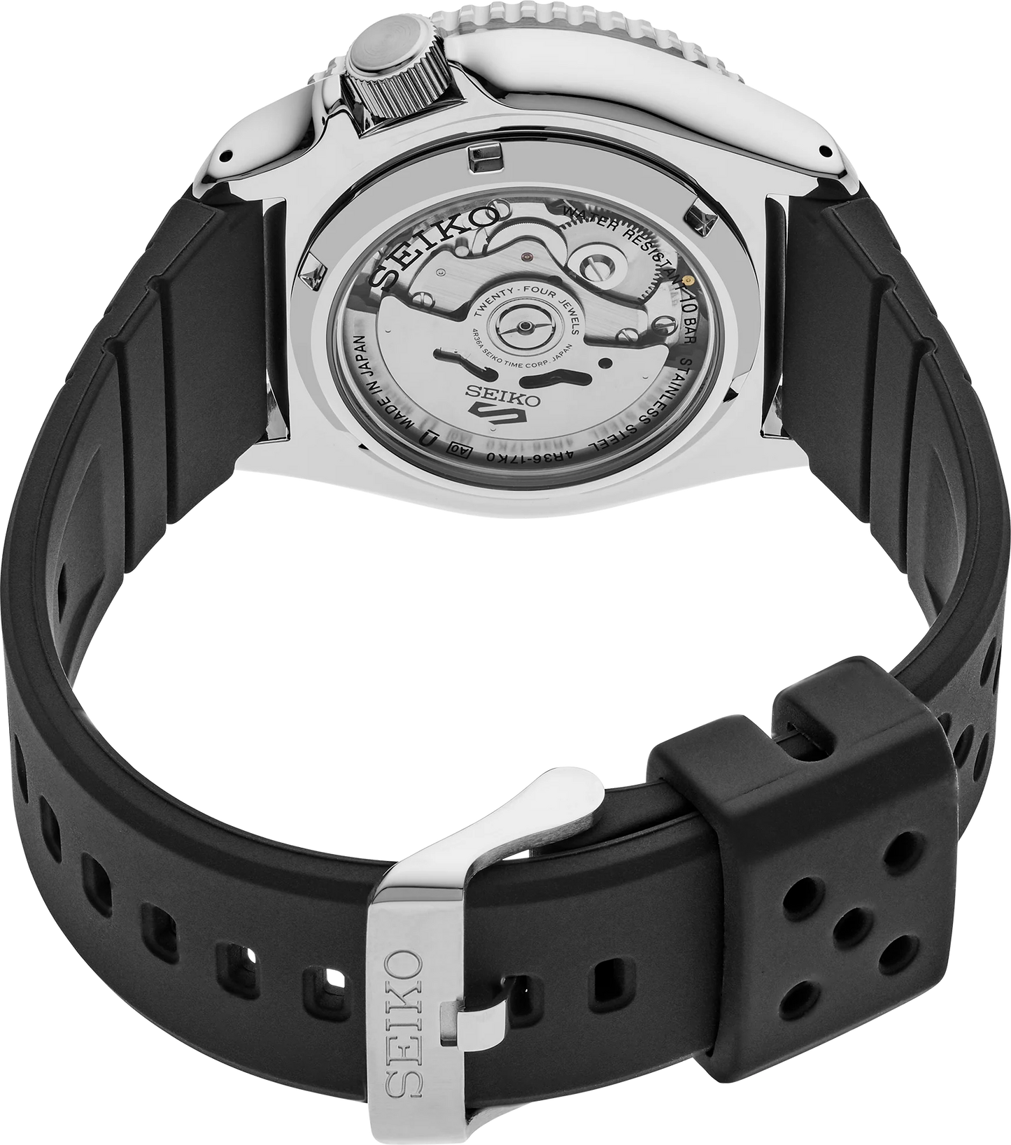 SEIKO 5 Sports SRPL87 SKX Sports Style – bold yellow dial, black rotating bezel, black silicone strap, automatic movement, and 100m water resistance.