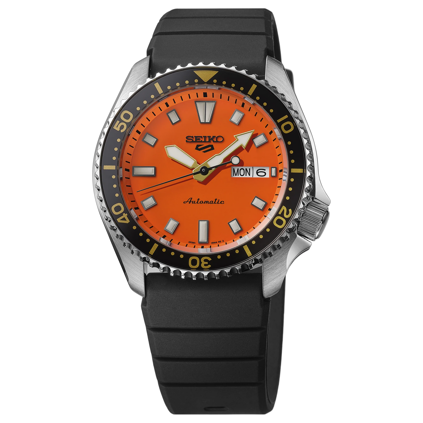 SEIKO 5 Sports SRPL89 SKX Sports Style – vivid orange dial, black rotating bezel with gold accents, black silicone strap, automatic movement, and 100m water resistance.