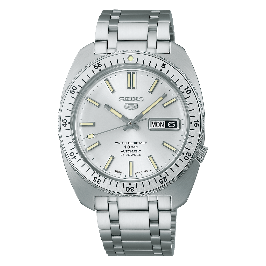 Seiko 5 Sports SRPL91 – limited-edition SKX-inspired automatic watch with silver sunray dial, rotating bezel, curved Hardlex crystal, and engraved caseback.