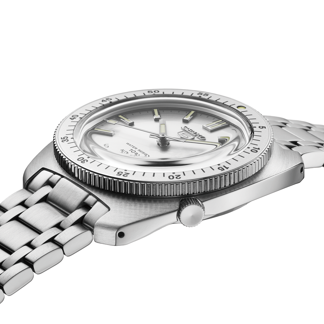 Seiko 5 Sports SRPL91 – limited-edition SKX-inspired automatic watch with silver sunray dial, rotating bezel, curved Hardlex crystal, and engraved caseback.