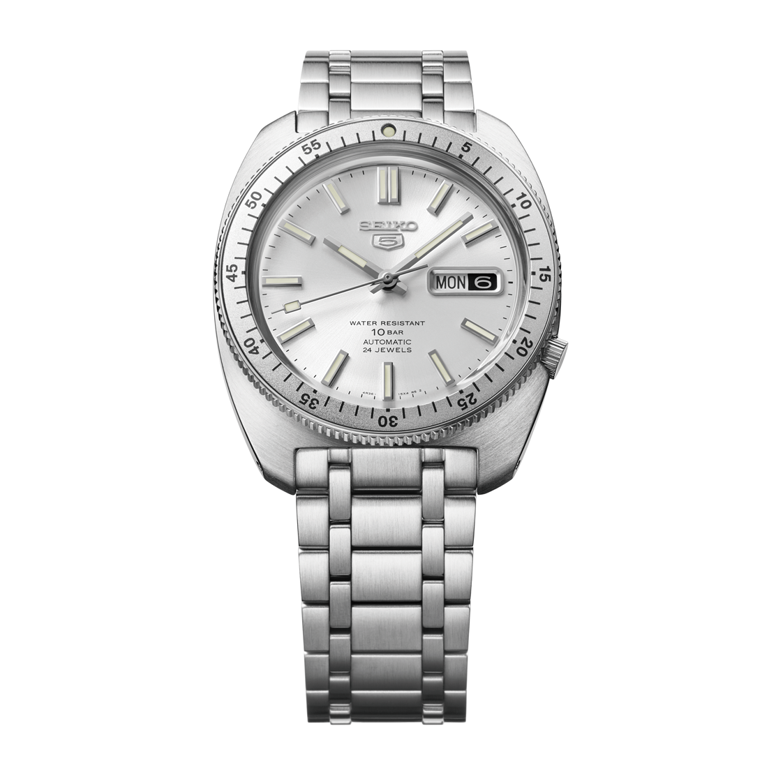 Seiko 5 Sports SRPL91 – limited-edition SKX-inspired automatic watch with silver sunray dial, rotating bezel, curved Hardlex crystal, and engraved caseback.