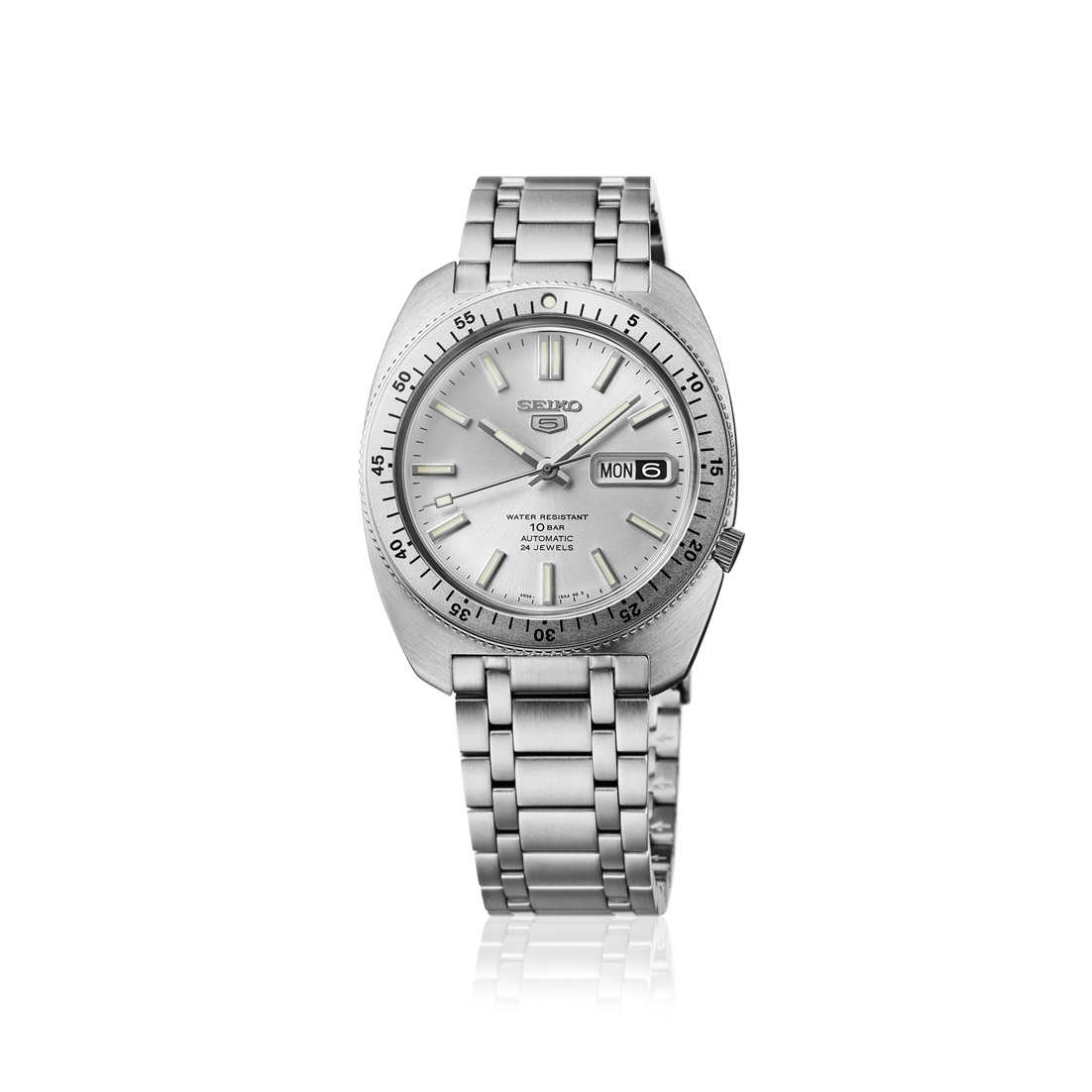 Seiko 5 Sports SRPL91 – limited-edition SKX-inspired automatic watch with silver sunray dial, rotating bezel, curved Hardlex crystal, and engraved caseback.