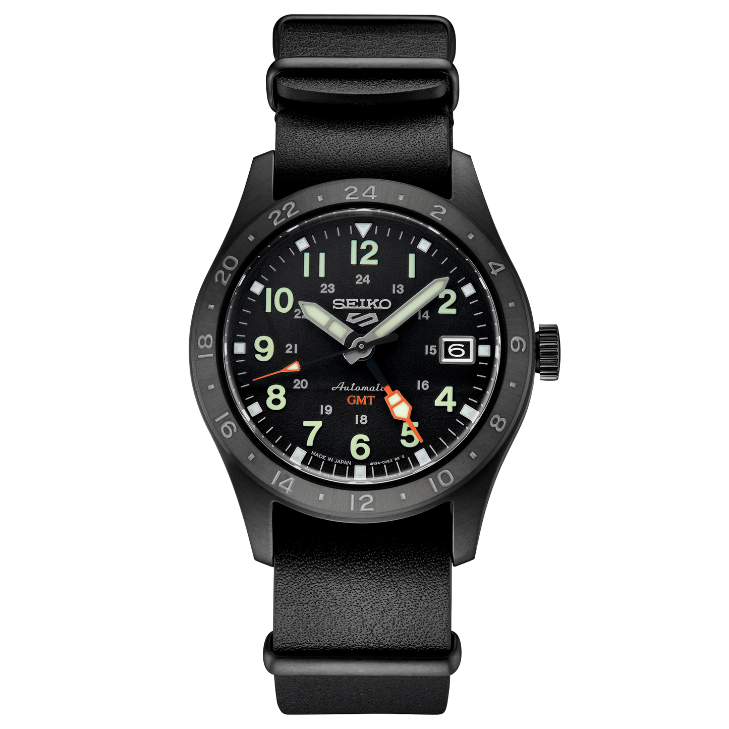 Black Seiko watch with a detailed face on a white background