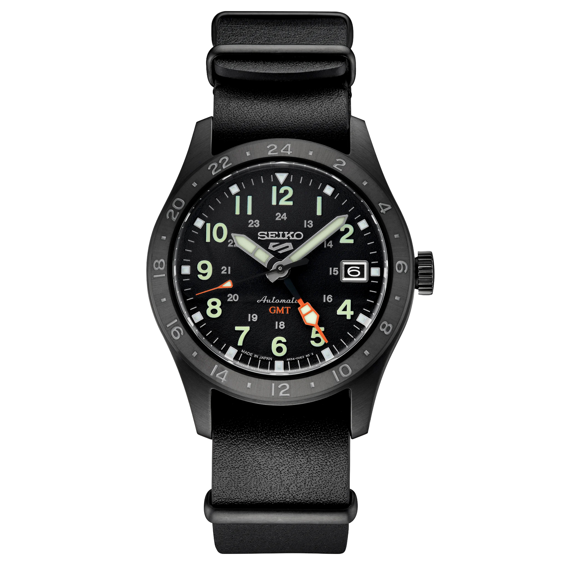 Black Seiko watch with a detailed face on a white background