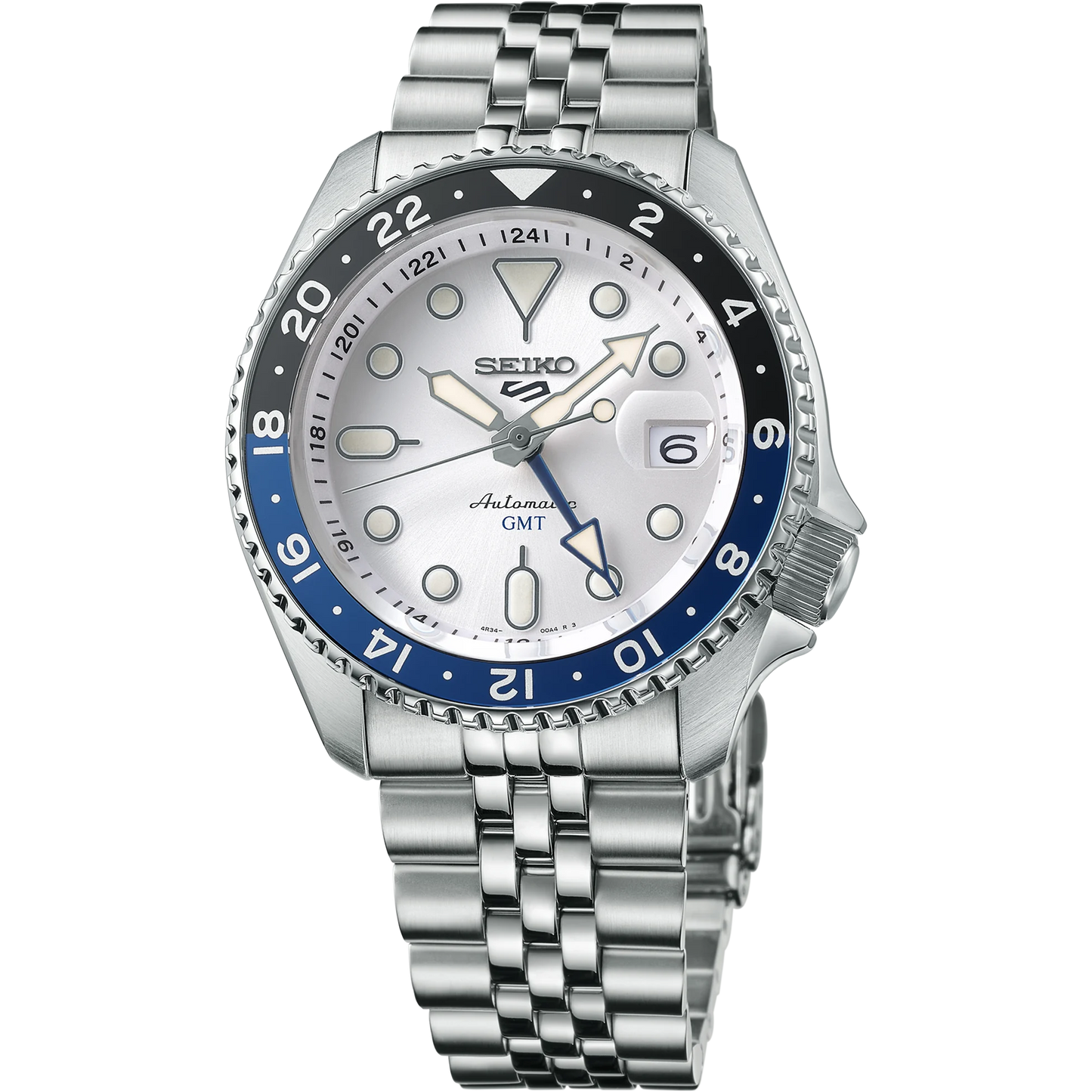 Seiko SSK033 GMT automatic watch with silver sunray dial, dual-tone blue and black 24-hour bezel, luminous hands, magnified date display, and stainless steel five-row bracelet — SKX-inspired GMT model available at Miseki Jewelry